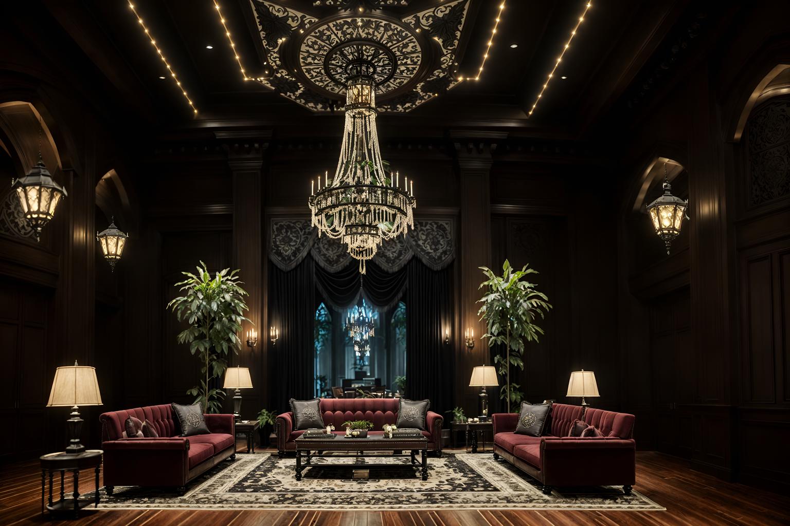 gothic-style (hotel lobby interior) with sofas and coffee tables and lounge chairs and hanging lamps and rug and check in desk and furniture and plant. . . cinematic photo, highly detailed, cinematic lighting, ultra-detailed, ultrarealistic, photorealism, 8k. gothic interior design style. masterpiece, cinematic light, ultrarealistic+, photorealistic+, 8k, raw photo, realistic, sharp focus on eyes, (symmetrical eyes), (intact eyes), hyperrealistic, highest quality, best quality, , highly detailed, masterpiece, best quality, extremely detailed 8k wallpaper, masterpiece, best quality, ultra-detailed, best shadow, detailed background, detailed face, detailed eyes, high contrast, best illumination, detailed face, dulux, caustic, dynamic angle, detailed glow. dramatic lighting. highly detailed, insanely detailed hair, symmetrical, intricate details, professionally retouched, 8k high definition. strong bokeh. award winning photo.