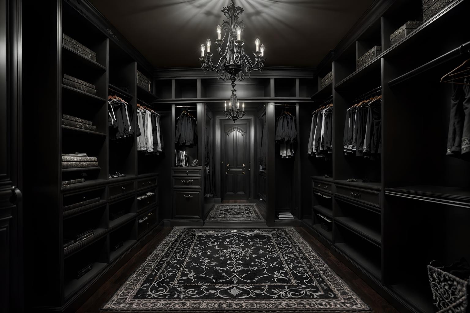 gothic-style (walk in closet interior) . . cinematic photo, highly detailed, cinematic lighting, ultra-detailed, ultrarealistic, photorealism, 8k. gothic interior design style. masterpiece, cinematic light, ultrarealistic+, photorealistic+, 8k, raw photo, realistic, sharp focus on eyes, (symmetrical eyes), (intact eyes), hyperrealistic, highest quality, best quality, , highly detailed, masterpiece, best quality, extremely detailed 8k wallpaper, masterpiece, best quality, ultra-detailed, best shadow, detailed background, detailed face, detailed eyes, high contrast, best illumination, detailed face, dulux, caustic, dynamic angle, detailed glow. dramatic lighting. highly detailed, insanely detailed hair, symmetrical, intricate details, professionally retouched, 8k high definition. strong bokeh. award winning photo.