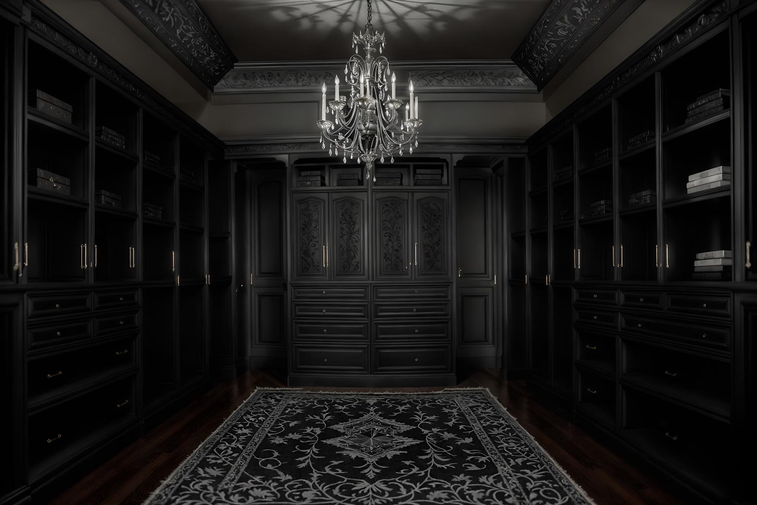 gothic-style (walk in closet interior) . . cinematic photo, highly detailed, cinematic lighting, ultra-detailed, ultrarealistic, photorealism, 8k. gothic interior design style. masterpiece, cinematic light, ultrarealistic+, photorealistic+, 8k, raw photo, realistic, sharp focus on eyes, (symmetrical eyes), (intact eyes), hyperrealistic, highest quality, best quality, , highly detailed, masterpiece, best quality, extremely detailed 8k wallpaper, masterpiece, best quality, ultra-detailed, best shadow, detailed background, detailed face, detailed eyes, high contrast, best illumination, detailed face, dulux, caustic, dynamic angle, detailed glow. dramatic lighting. highly detailed, insanely detailed hair, symmetrical, intricate details, professionally retouched, 8k high definition. strong bokeh. award winning photo.