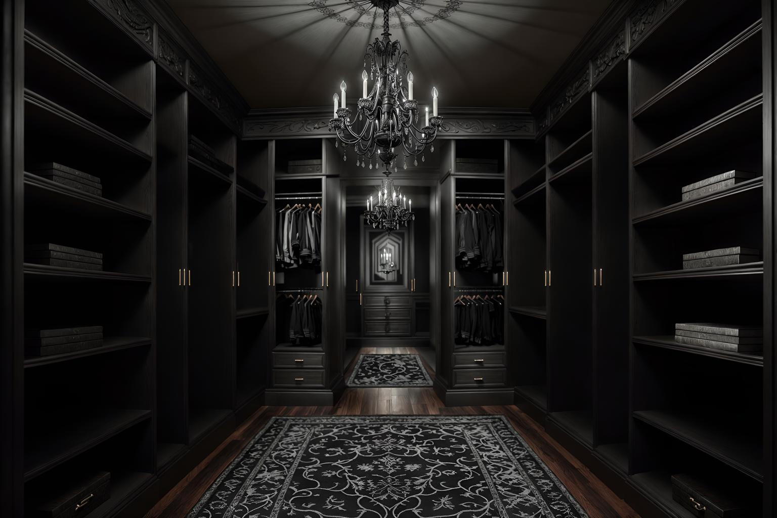 gothic-style (walk in closet interior) . . cinematic photo, highly detailed, cinematic lighting, ultra-detailed, ultrarealistic, photorealism, 8k. gothic interior design style. masterpiece, cinematic light, ultrarealistic+, photorealistic+, 8k, raw photo, realistic, sharp focus on eyes, (symmetrical eyes), (intact eyes), hyperrealistic, highest quality, best quality, , highly detailed, masterpiece, best quality, extremely detailed 8k wallpaper, masterpiece, best quality, ultra-detailed, best shadow, detailed background, detailed face, detailed eyes, high contrast, best illumination, detailed face, dulux, caustic, dynamic angle, detailed glow. dramatic lighting. highly detailed, insanely detailed hair, symmetrical, intricate details, professionally retouched, 8k high definition. strong bokeh. award winning photo.