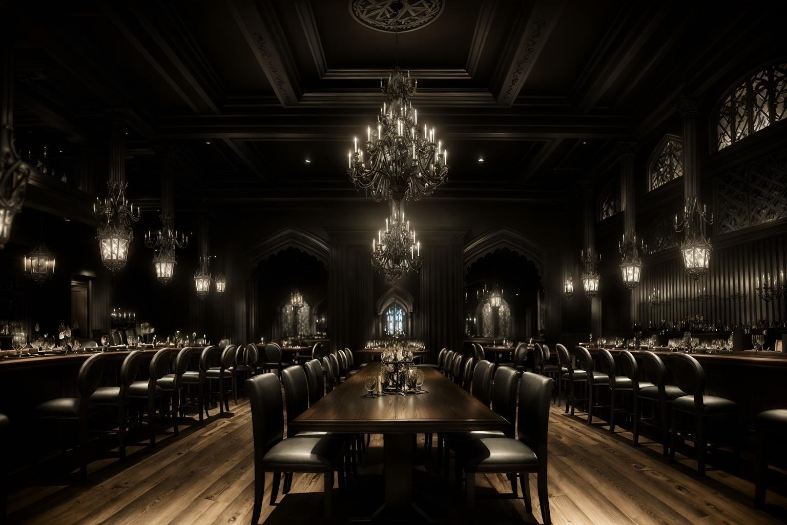 gothic-style (restaurant interior) with restaurant dining tables and restaurant bar and restaurant decor and restaurant chairs and restaurant dining tables. . . cinematic photo, highly detailed, cinematic lighting, ultra-detailed, ultrarealistic, photorealism, 8k. gothic interior design style. masterpiece, cinematic light, ultrarealistic+, photorealistic+, 8k, raw photo, realistic, sharp focus on eyes, (symmetrical eyes), (intact eyes), hyperrealistic, highest quality, best quality, , highly detailed, masterpiece, best quality, extremely detailed 8k wallpaper, masterpiece, best quality, ultra-detailed, best shadow, detailed background, detailed face, detailed eyes, high contrast, best illumination, detailed face, dulux, caustic, dynamic angle, detailed glow. dramatic lighting. highly detailed, insanely detailed hair, symmetrical, intricate details, professionally retouched, 8k high definition. strong bokeh. award winning photo.