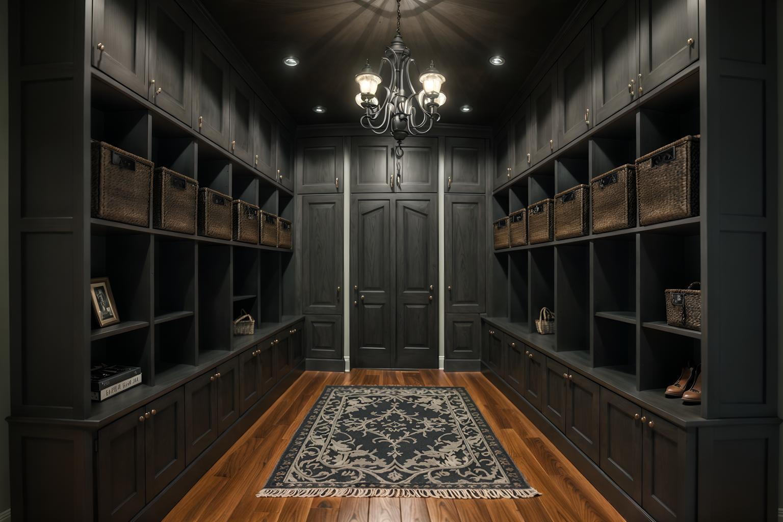 gothic-style (mudroom interior) with cubbies and shelves for shoes and cabinets and high up storage and storage drawers and wall hooks for coats and a bench and storage baskets. . . cinematic photo, highly detailed, cinematic lighting, ultra-detailed, ultrarealistic, photorealism, 8k. gothic interior design style. masterpiece, cinematic light, ultrarealistic+, photorealistic+, 8k, raw photo, realistic, sharp focus on eyes, (symmetrical eyes), (intact eyes), hyperrealistic, highest quality, best quality, , highly detailed, masterpiece, best quality, extremely detailed 8k wallpaper, masterpiece, best quality, ultra-detailed, best shadow, detailed background, detailed face, detailed eyes, high contrast, best illumination, detailed face, dulux, caustic, dynamic angle, detailed glow. dramatic lighting. highly detailed, insanely detailed hair, symmetrical, intricate details, professionally retouched, 8k high definition. strong bokeh. award winning photo.