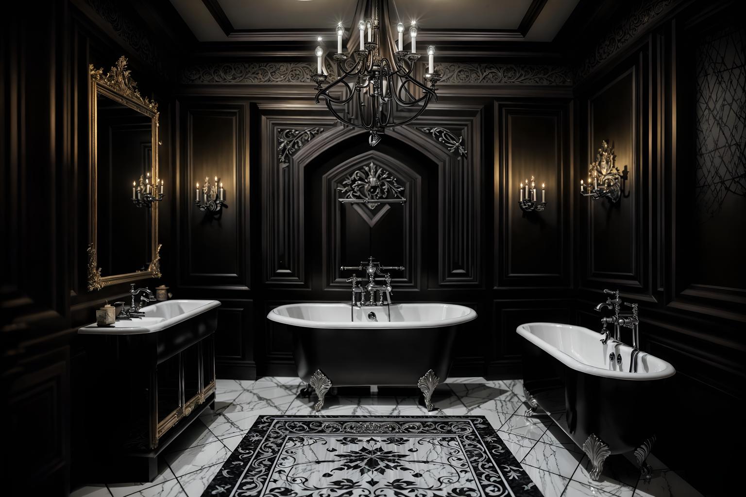 gothic-style (hotel bathroom interior) with bathtub and bath rail and mirror and waste basket and bathroom sink with faucet and bath towel and plant and shower. . . cinematic photo, highly detailed, cinematic lighting, ultra-detailed, ultrarealistic, photorealism, 8k. gothic interior design style. masterpiece, cinematic light, ultrarealistic+, photorealistic+, 8k, raw photo, realistic, sharp focus on eyes, (symmetrical eyes), (intact eyes), hyperrealistic, highest quality, best quality, , highly detailed, masterpiece, best quality, extremely detailed 8k wallpaper, masterpiece, best quality, ultra-detailed, best shadow, detailed background, detailed face, detailed eyes, high contrast, best illumination, detailed face, dulux, caustic, dynamic angle, detailed glow. dramatic lighting. highly detailed, insanely detailed hair, symmetrical, intricate details, professionally retouched, 8k high definition. strong bokeh. award winning photo.