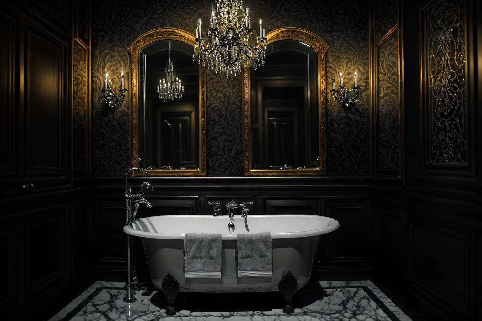 gothic-style (hotel bathroom interior) with bathtub and bath rail and mirror and waste basket and bathroom sink with faucet and bath towel and plant and shower. . . cinematic photo, highly detailed, cinematic lighting, ultra-detailed, ultrarealistic, photorealism, 8k. gothic interior design style. masterpiece, cinematic light, ultrarealistic+, photorealistic+, 8k, raw photo, realistic, sharp focus on eyes, (symmetrical eyes), (intact eyes), hyperrealistic, highest quality, best quality, , highly detailed, masterpiece, best quality, extremely detailed 8k wallpaper, masterpiece, best quality, ultra-detailed, best shadow, detailed background, detailed face, detailed eyes, high contrast, best illumination, detailed face, dulux, caustic, dynamic angle, detailed glow. dramatic lighting. highly detailed, insanely detailed hair, symmetrical, intricate details, professionally retouched, 8k high definition. strong bokeh. award winning photo.