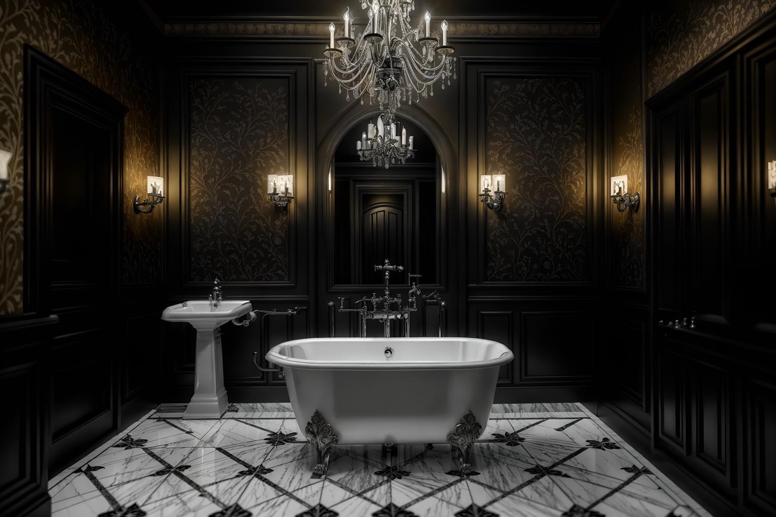 gothic-style (hotel bathroom interior) with bathtub and bath rail and mirror and waste basket and bathroom sink with faucet and bath towel and plant and shower. . . cinematic photo, highly detailed, cinematic lighting, ultra-detailed, ultrarealistic, photorealism, 8k. gothic interior design style. masterpiece, cinematic light, ultrarealistic+, photorealistic+, 8k, raw photo, realistic, sharp focus on eyes, (symmetrical eyes), (intact eyes), hyperrealistic, highest quality, best quality, , highly detailed, masterpiece, best quality, extremely detailed 8k wallpaper, masterpiece, best quality, ultra-detailed, best shadow, detailed background, detailed face, detailed eyes, high contrast, best illumination, detailed face, dulux, caustic, dynamic angle, detailed glow. dramatic lighting. highly detailed, insanely detailed hair, symmetrical, intricate details, professionally retouched, 8k high definition. strong bokeh. award winning photo.