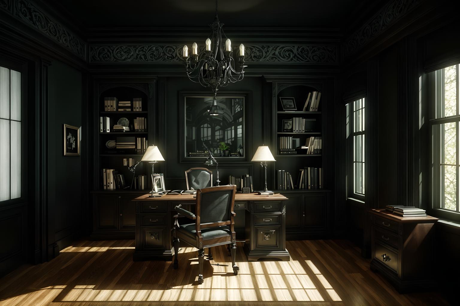gothic-style (home office interior) with desk lamp and office chair and cabinets and computer desk and plant and desk lamp. . . cinematic photo, highly detailed, cinematic lighting, ultra-detailed, ultrarealistic, photorealism, 8k. gothic interior design style. masterpiece, cinematic light, ultrarealistic+, photorealistic+, 8k, raw photo, realistic, sharp focus on eyes, (symmetrical eyes), (intact eyes), hyperrealistic, highest quality, best quality, , highly detailed, masterpiece, best quality, extremely detailed 8k wallpaper, masterpiece, best quality, ultra-detailed, best shadow, detailed background, detailed face, detailed eyes, high contrast, best illumination, detailed face, dulux, caustic, dynamic angle, detailed glow. dramatic lighting. highly detailed, insanely detailed hair, symmetrical, intricate details, professionally retouched, 8k high definition. strong bokeh. award winning photo.