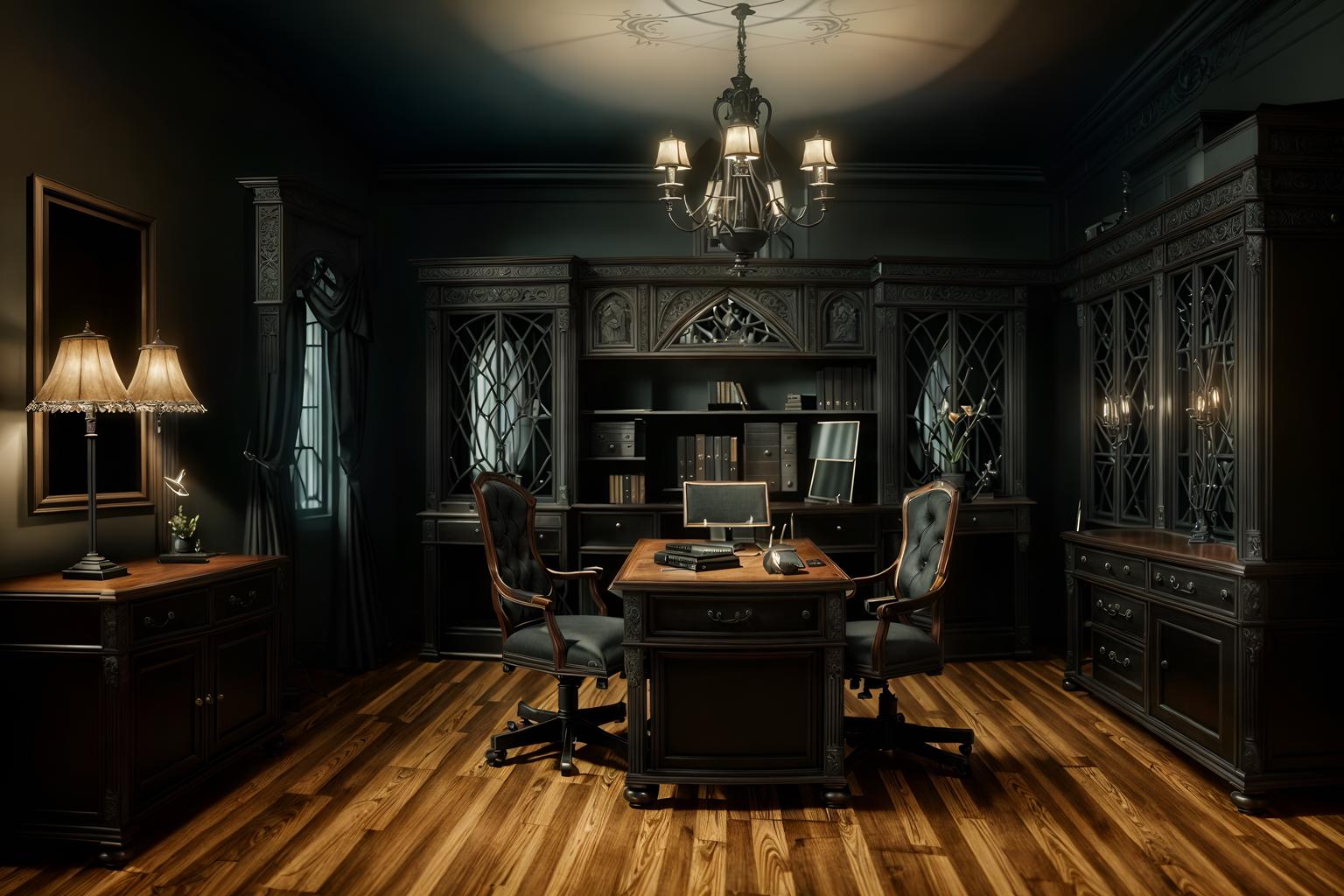 gothic-style (home office interior) with desk lamp and office chair and cabinets and computer desk and plant and desk lamp. . . cinematic photo, highly detailed, cinematic lighting, ultra-detailed, ultrarealistic, photorealism, 8k. gothic interior design style. masterpiece, cinematic light, ultrarealistic+, photorealistic+, 8k, raw photo, realistic, sharp focus on eyes, (symmetrical eyes), (intact eyes), hyperrealistic, highest quality, best quality, , highly detailed, masterpiece, best quality, extremely detailed 8k wallpaper, masterpiece, best quality, ultra-detailed, best shadow, detailed background, detailed face, detailed eyes, high contrast, best illumination, detailed face, dulux, caustic, dynamic angle, detailed glow. dramatic lighting. highly detailed, insanely detailed hair, symmetrical, intricate details, professionally retouched, 8k high definition. strong bokeh. award winning photo.