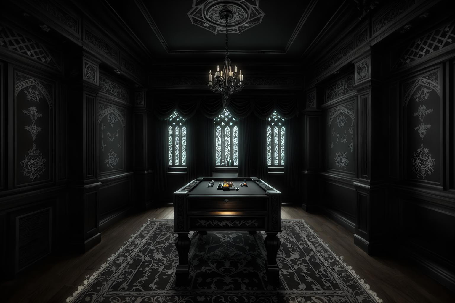 gothic-style (gaming room interior) . . cinematic photo, highly detailed, cinematic lighting, ultra-detailed, ultrarealistic, photorealism, 8k. gothic interior design style. masterpiece, cinematic light, ultrarealistic+, photorealistic+, 8k, raw photo, realistic, sharp focus on eyes, (symmetrical eyes), (intact eyes), hyperrealistic, highest quality, best quality, , highly detailed, masterpiece, best quality, extremely detailed 8k wallpaper, masterpiece, best quality, ultra-detailed, best shadow, detailed background, detailed face, detailed eyes, high contrast, best illumination, detailed face, dulux, caustic, dynamic angle, detailed glow. dramatic lighting. highly detailed, insanely detailed hair, symmetrical, intricate details, professionally retouched, 8k high definition. strong bokeh. award winning photo.