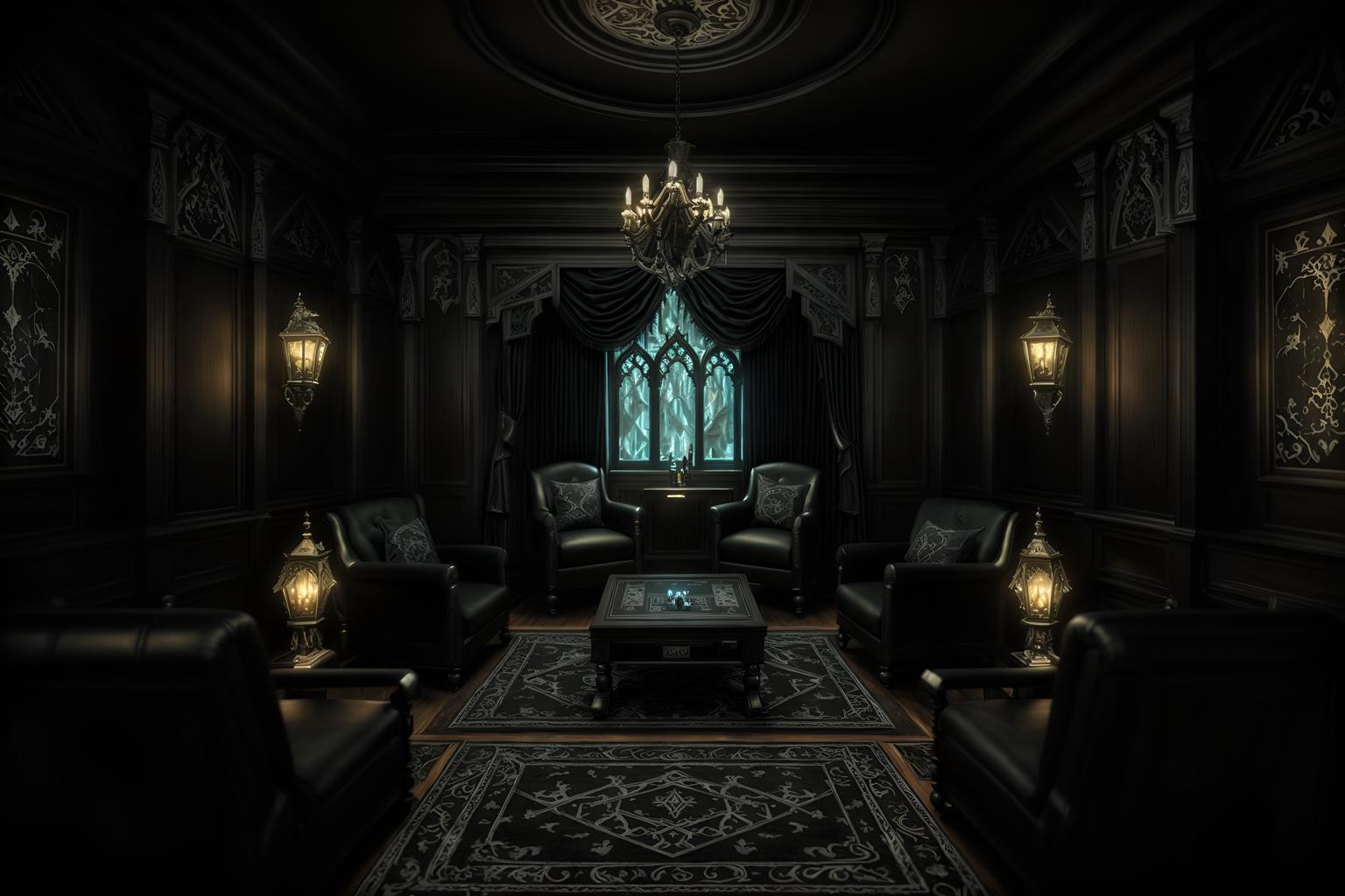 gothic-style (gaming room interior) . . cinematic photo, highly detailed, cinematic lighting, ultra-detailed, ultrarealistic, photorealism, 8k. gothic interior design style. masterpiece, cinematic light, ultrarealistic+, photorealistic+, 8k, raw photo, realistic, sharp focus on eyes, (symmetrical eyes), (intact eyes), hyperrealistic, highest quality, best quality, , highly detailed, masterpiece, best quality, extremely detailed 8k wallpaper, masterpiece, best quality, ultra-detailed, best shadow, detailed background, detailed face, detailed eyes, high contrast, best illumination, detailed face, dulux, caustic, dynamic angle, detailed glow. dramatic lighting. highly detailed, insanely detailed hair, symmetrical, intricate details, professionally retouched, 8k high definition. strong bokeh. award winning photo.