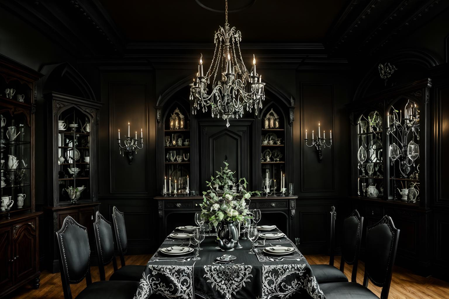 gothic-style (dining room interior) with dining table chairs and plant and vase and plates, cutlery and glasses on dining table and dining table and table cloth and bookshelves and painting or photo on wall. . . cinematic photo, highly detailed, cinematic lighting, ultra-detailed, ultrarealistic, photorealism, 8k. gothic interior design style. masterpiece, cinematic light, ultrarealistic+, photorealistic+, 8k, raw photo, realistic, sharp focus on eyes, (symmetrical eyes), (intact eyes), hyperrealistic, highest quality, best quality, , highly detailed, masterpiece, best quality, extremely detailed 8k wallpaper, masterpiece, best quality, ultra-detailed, best shadow, detailed background, detailed face, detailed eyes, high contrast, best illumination, detailed face, dulux, caustic, dynamic angle, detailed glow. dramatic lighting. highly detailed, insanely detailed hair, symmetrical, intricate details, professionally retouched, 8k high definition. strong bokeh. award winning photo.