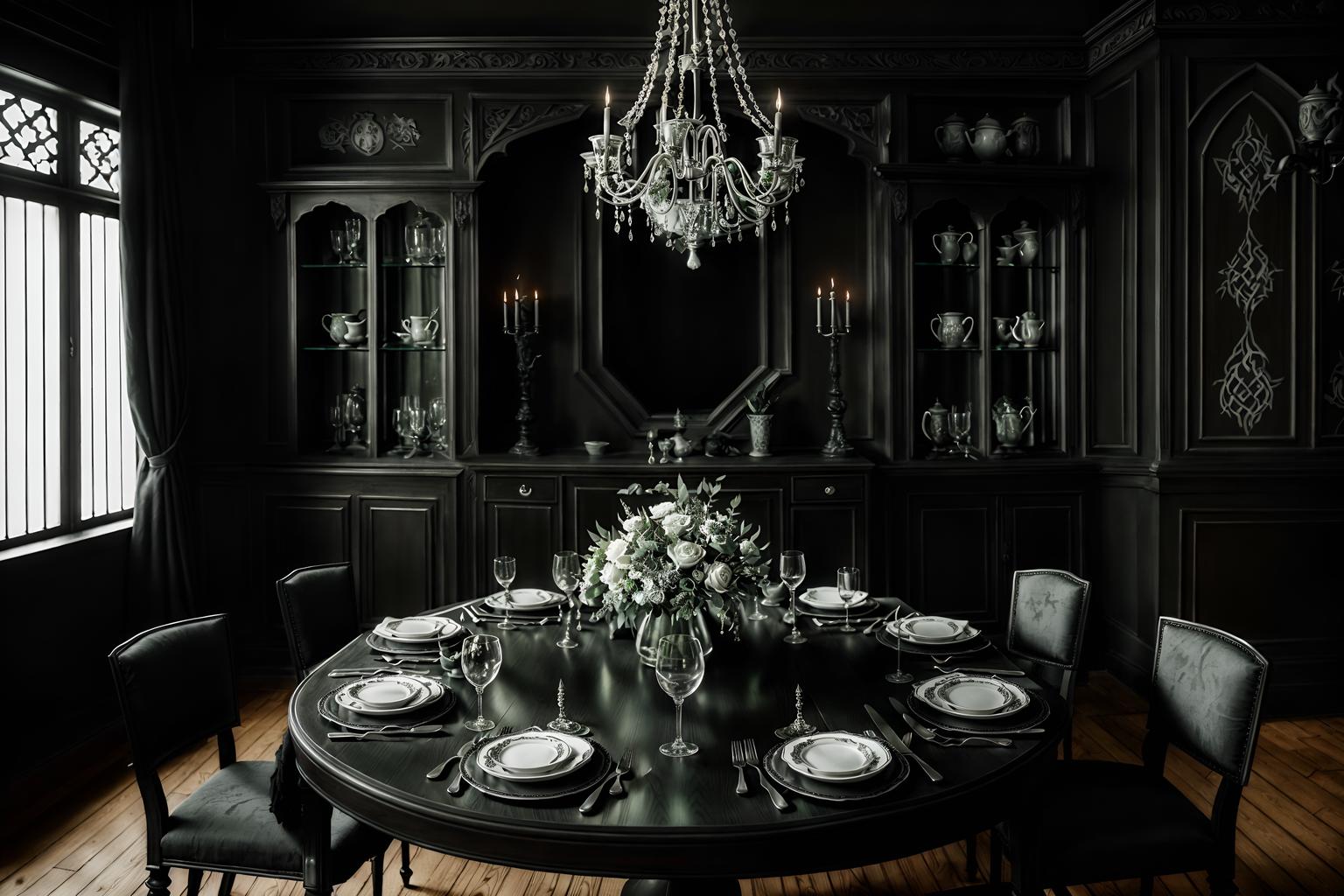 gothic-style (dining room interior) with dining table chairs and plant and vase and plates, cutlery and glasses on dining table and dining table and table cloth and bookshelves and painting or photo on wall. . . cinematic photo, highly detailed, cinematic lighting, ultra-detailed, ultrarealistic, photorealism, 8k. gothic interior design style. masterpiece, cinematic light, ultrarealistic+, photorealistic+, 8k, raw photo, realistic, sharp focus on eyes, (symmetrical eyes), (intact eyes), hyperrealistic, highest quality, best quality, , highly detailed, masterpiece, best quality, extremely detailed 8k wallpaper, masterpiece, best quality, ultra-detailed, best shadow, detailed background, detailed face, detailed eyes, high contrast, best illumination, detailed face, dulux, caustic, dynamic angle, detailed glow. dramatic lighting. highly detailed, insanely detailed hair, symmetrical, intricate details, professionally retouched, 8k high definition. strong bokeh. award winning photo.