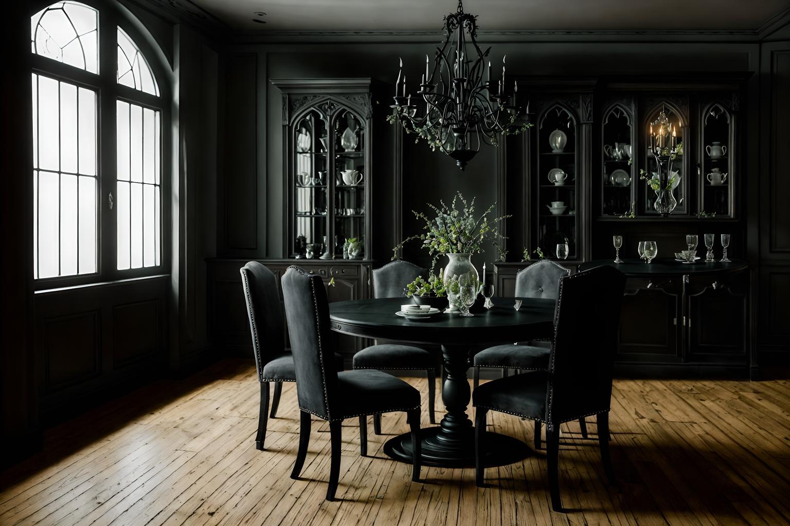 gothic-style (dining room interior) with dining table chairs and plant and vase and plates, cutlery and glasses on dining table and dining table and table cloth and bookshelves and painting or photo on wall. . . cinematic photo, highly detailed, cinematic lighting, ultra-detailed, ultrarealistic, photorealism, 8k. gothic interior design style. masterpiece, cinematic light, ultrarealistic+, photorealistic+, 8k, raw photo, realistic, sharp focus on eyes, (symmetrical eyes), (intact eyes), hyperrealistic, highest quality, best quality, , highly detailed, masterpiece, best quality, extremely detailed 8k wallpaper, masterpiece, best quality, ultra-detailed, best shadow, detailed background, detailed face, detailed eyes, high contrast, best illumination, detailed face, dulux, caustic, dynamic angle, detailed glow. dramatic lighting. highly detailed, insanely detailed hair, symmetrical, intricate details, professionally retouched, 8k high definition. strong bokeh. award winning photo.