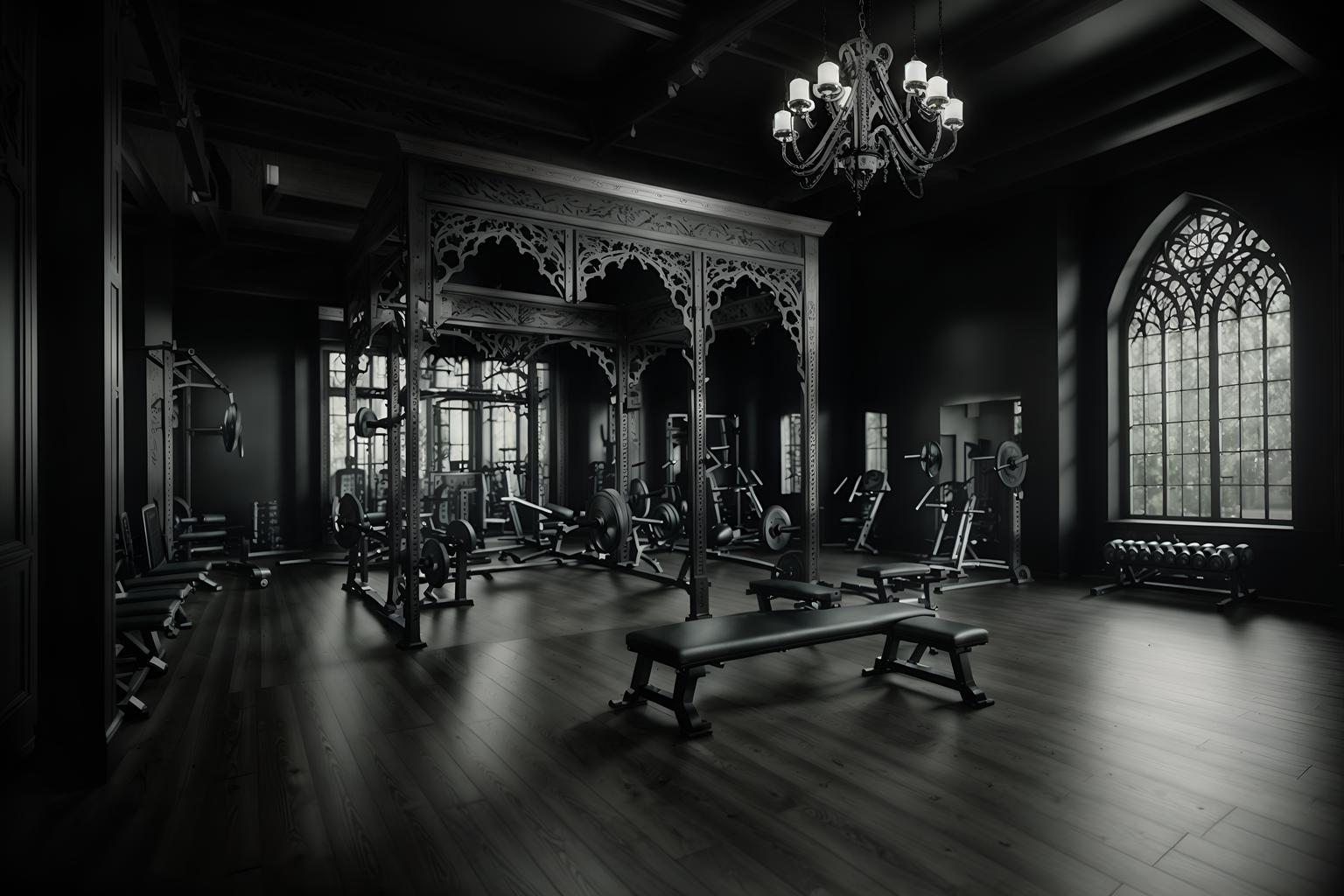 gothic-style (fitness gym interior) with dumbbell stand and squat rack and crosstrainer and exercise bicycle and bench press and dumbbell stand. . . cinematic photo, highly detailed, cinematic lighting, ultra-detailed, ultrarealistic, photorealism, 8k. gothic interior design style. masterpiece, cinematic light, ultrarealistic+, photorealistic+, 8k, raw photo, realistic, sharp focus on eyes, (symmetrical eyes), (intact eyes), hyperrealistic, highest quality, best quality, , highly detailed, masterpiece, best quality, extremely detailed 8k wallpaper, masterpiece, best quality, ultra-detailed, best shadow, detailed background, detailed face, detailed eyes, high contrast, best illumination, detailed face, dulux, caustic, dynamic angle, detailed glow. dramatic lighting. highly detailed, insanely detailed hair, symmetrical, intricate details, professionally retouched, 8k high definition. strong bokeh. award winning photo.