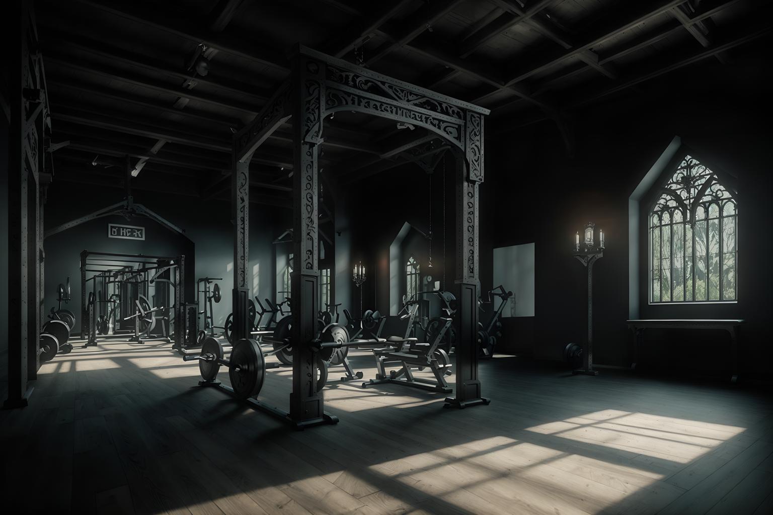 gothic-style (fitness gym interior) with dumbbell stand and squat rack and crosstrainer and exercise bicycle and bench press and dumbbell stand. . . cinematic photo, highly detailed, cinematic lighting, ultra-detailed, ultrarealistic, photorealism, 8k. gothic interior design style. masterpiece, cinematic light, ultrarealistic+, photorealistic+, 8k, raw photo, realistic, sharp focus on eyes, (symmetrical eyes), (intact eyes), hyperrealistic, highest quality, best quality, , highly detailed, masterpiece, best quality, extremely detailed 8k wallpaper, masterpiece, best quality, ultra-detailed, best shadow, detailed background, detailed face, detailed eyes, high contrast, best illumination, detailed face, dulux, caustic, dynamic angle, detailed glow. dramatic lighting. highly detailed, insanely detailed hair, symmetrical, intricate details, professionally retouched, 8k high definition. strong bokeh. award winning photo.