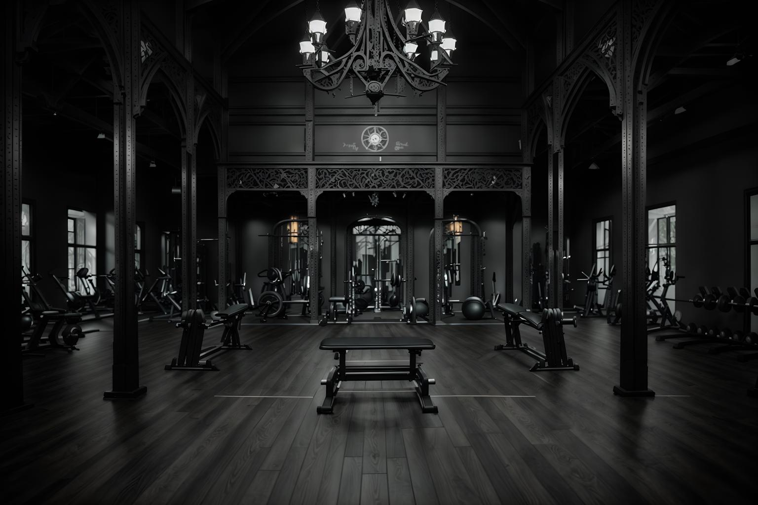 gothic-style (fitness gym interior) with dumbbell stand and squat rack and crosstrainer and exercise bicycle and bench press and dumbbell stand. . . cinematic photo, highly detailed, cinematic lighting, ultra-detailed, ultrarealistic, photorealism, 8k. gothic interior design style. masterpiece, cinematic light, ultrarealistic+, photorealistic+, 8k, raw photo, realistic, sharp focus on eyes, (symmetrical eyes), (intact eyes), hyperrealistic, highest quality, best quality, , highly detailed, masterpiece, best quality, extremely detailed 8k wallpaper, masterpiece, best quality, ultra-detailed, best shadow, detailed background, detailed face, detailed eyes, high contrast, best illumination, detailed face, dulux, caustic, dynamic angle, detailed glow. dramatic lighting. highly detailed, insanely detailed hair, symmetrical, intricate details, professionally retouched, 8k high definition. strong bokeh. award winning photo.