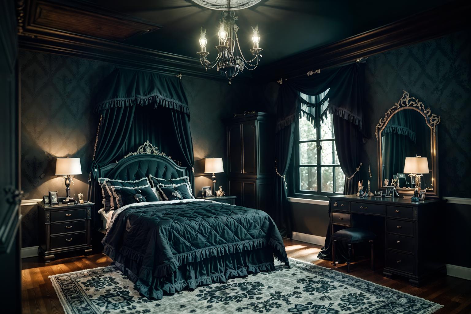 gothic-style (kids room interior) with kids desk and headboard and mirror and plant and dresser closet and bedside table or night stand and accent chair and night light. . . cinematic photo, highly detailed, cinematic lighting, ultra-detailed, ultrarealistic, photorealism, 8k. gothic interior design style. masterpiece, cinematic light, ultrarealistic+, photorealistic+, 8k, raw photo, realistic, sharp focus on eyes, (symmetrical eyes), (intact eyes), hyperrealistic, highest quality, best quality, , highly detailed, masterpiece, best quality, extremely detailed 8k wallpaper, masterpiece, best quality, ultra-detailed, best shadow, detailed background, detailed face, detailed eyes, high contrast, best illumination, detailed face, dulux, caustic, dynamic angle, detailed glow. dramatic lighting. highly detailed, insanely detailed hair, symmetrical, intricate details, professionally retouched, 8k high definition. strong bokeh. award winning photo.