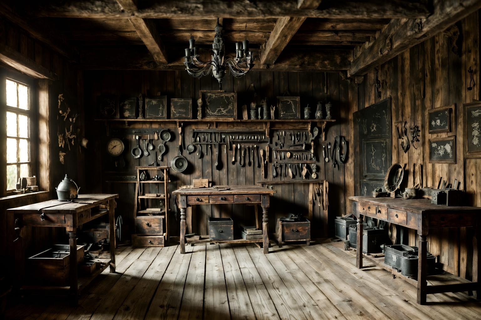 gothic-style (workshop interior) with wooden workbench and tool wall and messy and wooden workbench. . . cinematic photo, highly detailed, cinematic lighting, ultra-detailed, ultrarealistic, photorealism, 8k. gothic interior design style. masterpiece, cinematic light, ultrarealistic+, photorealistic+, 8k, raw photo, realistic, sharp focus on eyes, (symmetrical eyes), (intact eyes), hyperrealistic, highest quality, best quality, , highly detailed, masterpiece, best quality, extremely detailed 8k wallpaper, masterpiece, best quality, ultra-detailed, best shadow, detailed background, detailed face, detailed eyes, high contrast, best illumination, detailed face, dulux, caustic, dynamic angle, detailed glow. dramatic lighting. highly detailed, insanely detailed hair, symmetrical, intricate details, professionally retouched, 8k high definition. strong bokeh. award winning photo.