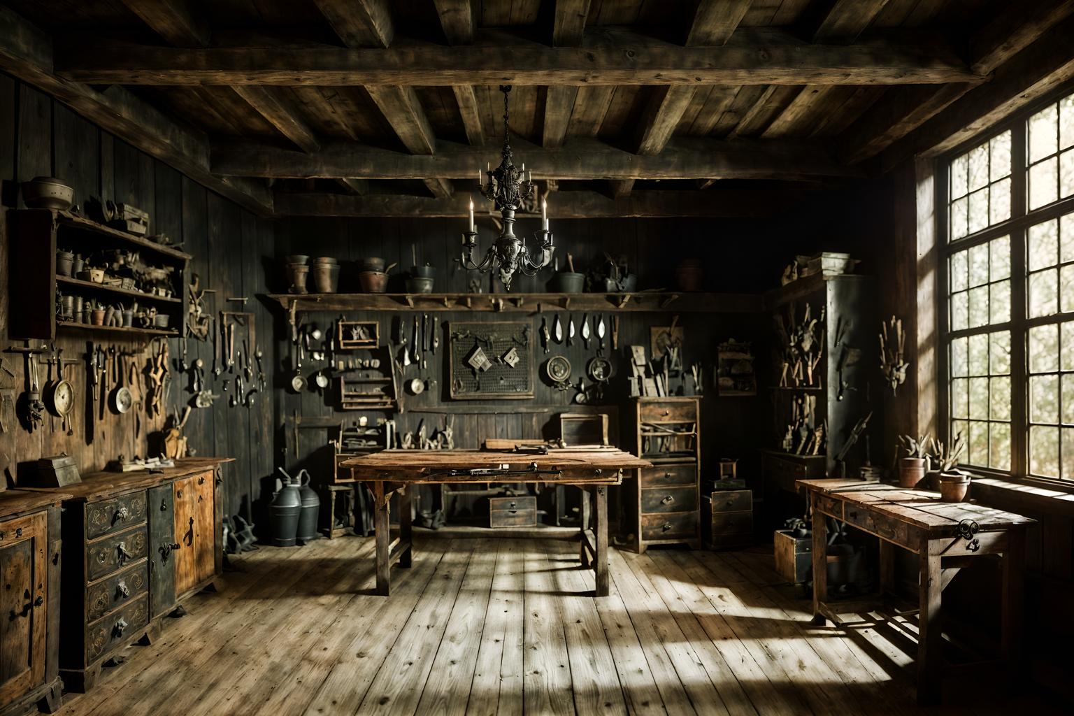 gothic-style (workshop interior) with wooden workbench and tool wall and messy and wooden workbench. . . cinematic photo, highly detailed, cinematic lighting, ultra-detailed, ultrarealistic, photorealism, 8k. gothic interior design style. masterpiece, cinematic light, ultrarealistic+, photorealistic+, 8k, raw photo, realistic, sharp focus on eyes, (symmetrical eyes), (intact eyes), hyperrealistic, highest quality, best quality, , highly detailed, masterpiece, best quality, extremely detailed 8k wallpaper, masterpiece, best quality, ultra-detailed, best shadow, detailed background, detailed face, detailed eyes, high contrast, best illumination, detailed face, dulux, caustic, dynamic angle, detailed glow. dramatic lighting. highly detailed, insanely detailed hair, symmetrical, intricate details, professionally retouched, 8k high definition. strong bokeh. award winning photo.