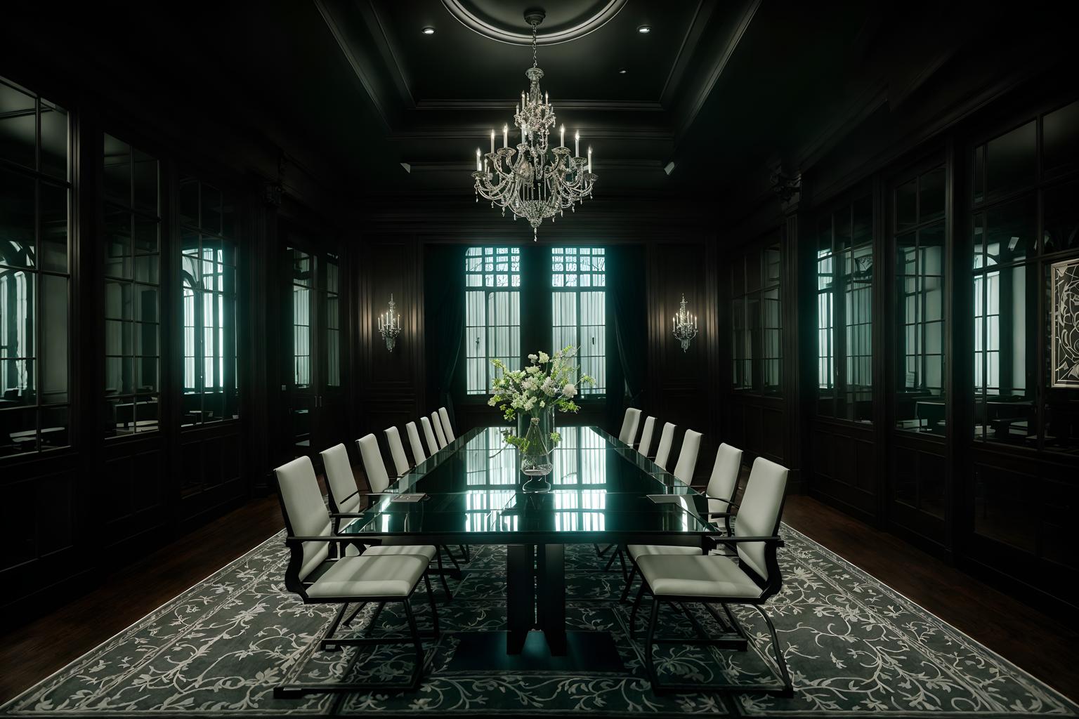 gothic-style (meeting room interior) with boardroom table and glass walls and painting or photo on wall and vase and plant and office chairs and glass doors and cabinets. . . cinematic photo, highly detailed, cinematic lighting, ultra-detailed, ultrarealistic, photorealism, 8k. gothic interior design style. masterpiece, cinematic light, ultrarealistic+, photorealistic+, 8k, raw photo, realistic, sharp focus on eyes, (symmetrical eyes), (intact eyes), hyperrealistic, highest quality, best quality, , highly detailed, masterpiece, best quality, extremely detailed 8k wallpaper, masterpiece, best quality, ultra-detailed, best shadow, detailed background, detailed face, detailed eyes, high contrast, best illumination, detailed face, dulux, caustic, dynamic angle, detailed glow. dramatic lighting. highly detailed, insanely detailed hair, symmetrical, intricate details, professionally retouched, 8k high definition. strong bokeh. award winning photo.