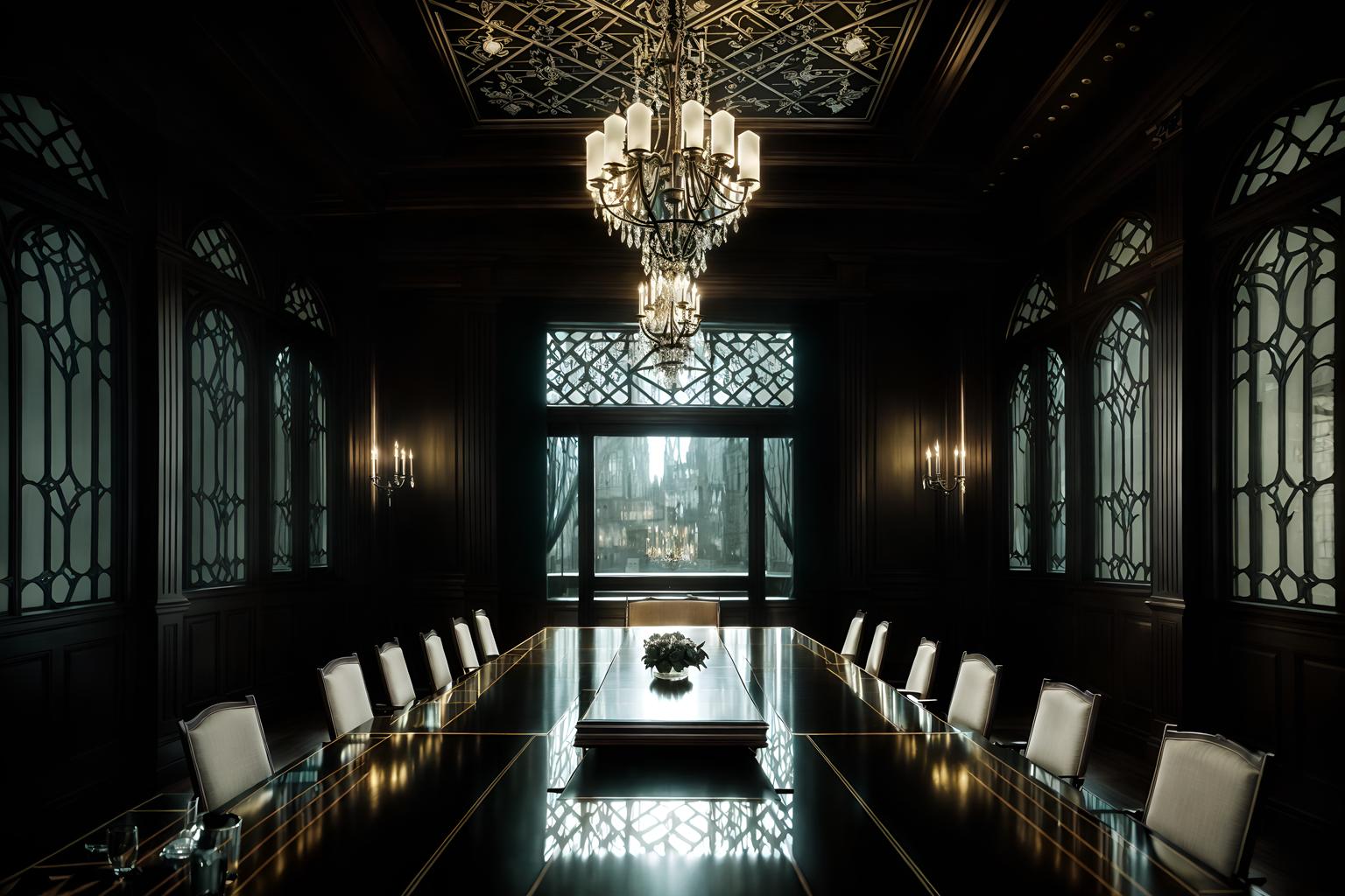 gothic-style (meeting room interior) with boardroom table and glass walls and painting or photo on wall and vase and plant and office chairs and glass doors and cabinets. . . cinematic photo, highly detailed, cinematic lighting, ultra-detailed, ultrarealistic, photorealism, 8k. gothic interior design style. masterpiece, cinematic light, ultrarealistic+, photorealistic+, 8k, raw photo, realistic, sharp focus on eyes, (symmetrical eyes), (intact eyes), hyperrealistic, highest quality, best quality, , highly detailed, masterpiece, best quality, extremely detailed 8k wallpaper, masterpiece, best quality, ultra-detailed, best shadow, detailed background, detailed face, detailed eyes, high contrast, best illumination, detailed face, dulux, caustic, dynamic angle, detailed glow. dramatic lighting. highly detailed, insanely detailed hair, symmetrical, intricate details, professionally retouched, 8k high definition. strong bokeh. award winning photo.