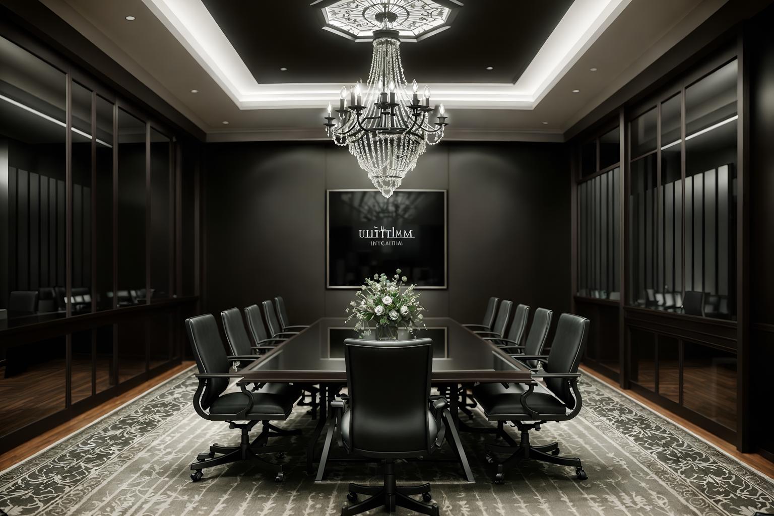 gothic-style (meeting room interior) with boardroom table and glass walls and painting or photo on wall and vase and plant and office chairs and glass doors and cabinets. . . cinematic photo, highly detailed, cinematic lighting, ultra-detailed, ultrarealistic, photorealism, 8k. gothic interior design style. masterpiece, cinematic light, ultrarealistic+, photorealistic+, 8k, raw photo, realistic, sharp focus on eyes, (symmetrical eyes), (intact eyes), hyperrealistic, highest quality, best quality, , highly detailed, masterpiece, best quality, extremely detailed 8k wallpaper, masterpiece, best quality, ultra-detailed, best shadow, detailed background, detailed face, detailed eyes, high contrast, best illumination, detailed face, dulux, caustic, dynamic angle, detailed glow. dramatic lighting. highly detailed, insanely detailed hair, symmetrical, intricate details, professionally retouched, 8k high definition. strong bokeh. award winning photo.