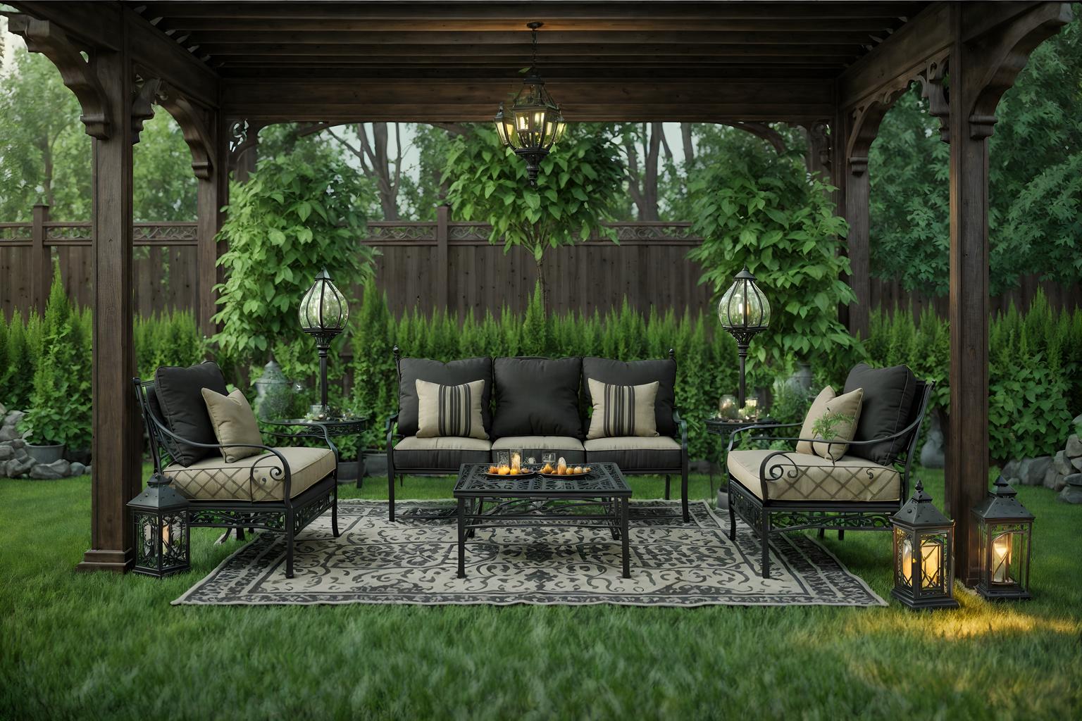 gothic-style designed (outdoor patio ) with patio couch with pillows and grass and deck with deck chairs and plant and barbeque or grill and patio couch with pillows. . . cinematic photo, highly detailed, cinematic lighting, ultra-detailed, ultrarealistic, photorealism, 8k. gothic design style. masterpiece, cinematic light, ultrarealistic+, photorealistic+, 8k, raw photo, realistic, sharp focus on eyes, (symmetrical eyes), (intact eyes), hyperrealistic, highest quality, best quality, , highly detailed, masterpiece, best quality, extremely detailed 8k wallpaper, masterpiece, best quality, ultra-detailed, best shadow, detailed background, detailed face, detailed eyes, high contrast, best illumination, detailed face, dulux, caustic, dynamic angle, detailed glow. dramatic lighting. highly detailed, insanely detailed hair, symmetrical, intricate details, professionally retouched, 8k high definition. strong bokeh. award winning photo.