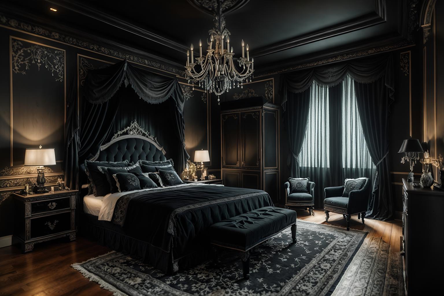 gothic-style (bedroom interior) with headboard and accent chair and mirror and bedside table or night stand and bed and plant and storage bench or ottoman and night light. . . cinematic photo, highly detailed, cinematic lighting, ultra-detailed, ultrarealistic, photorealism, 8k. gothic interior design style. masterpiece, cinematic light, ultrarealistic+, photorealistic+, 8k, raw photo, realistic, sharp focus on eyes, (symmetrical eyes), (intact eyes), hyperrealistic, highest quality, best quality, , highly detailed, masterpiece, best quality, extremely detailed 8k wallpaper, masterpiece, best quality, ultra-detailed, best shadow, detailed background, detailed face, detailed eyes, high contrast, best illumination, detailed face, dulux, caustic, dynamic angle, detailed glow. dramatic lighting. highly detailed, insanely detailed hair, symmetrical, intricate details, professionally retouched, 8k high definition. strong bokeh. award winning photo.