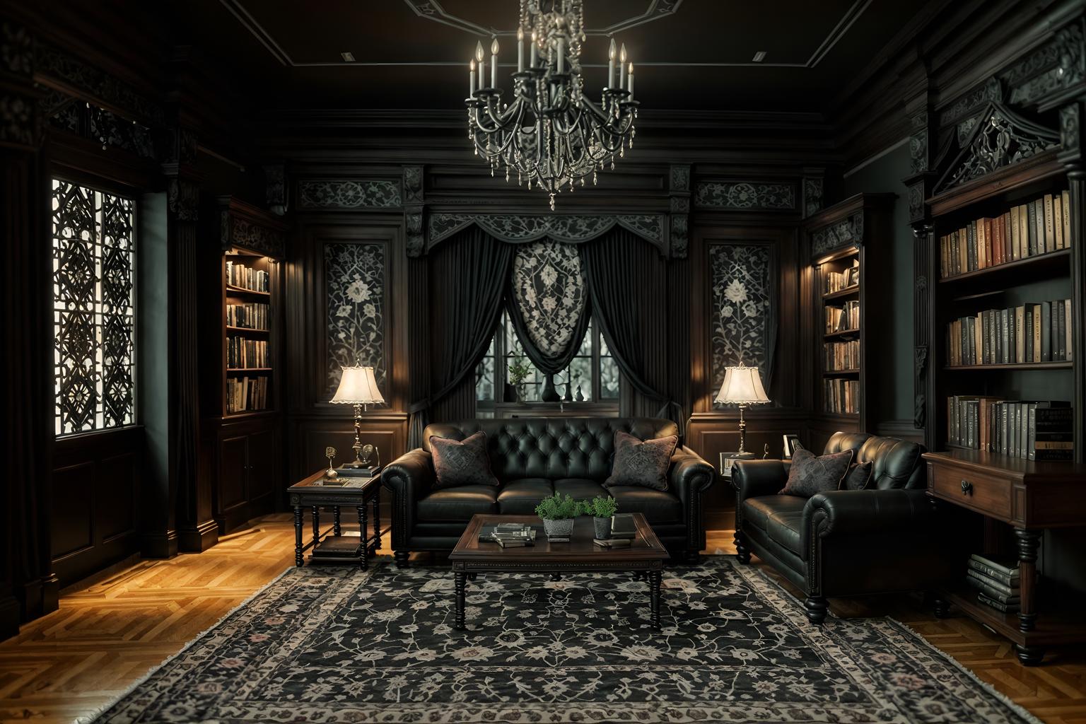 gothic-style (living room interior) with occasional tables and rug and furniture and electric lamps and plant and chairs and sofa and bookshelves. . . cinematic photo, highly detailed, cinematic lighting, ultra-detailed, ultrarealistic, photorealism, 8k. gothic interior design style. masterpiece, cinematic light, ultrarealistic+, photorealistic+, 8k, raw photo, realistic, sharp focus on eyes, (symmetrical eyes), (intact eyes), hyperrealistic, highest quality, best quality, , highly detailed, masterpiece, best quality, extremely detailed 8k wallpaper, masterpiece, best quality, ultra-detailed, best shadow, detailed background, detailed face, detailed eyes, high contrast, best illumination, detailed face, dulux, caustic, dynamic angle, detailed glow. dramatic lighting. highly detailed, insanely detailed hair, symmetrical, intricate details, professionally retouched, 8k high definition. strong bokeh. award winning photo.