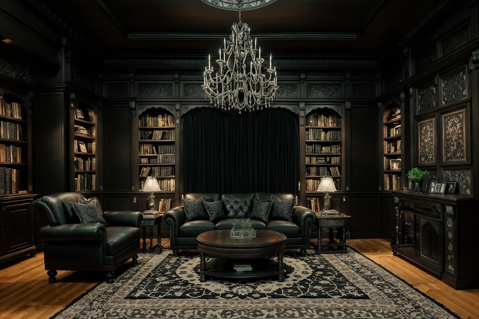 gothic-style (living room interior) with occasional tables and rug and furniture and electric lamps and plant and chairs and sofa and bookshelves. . . cinematic photo, highly detailed, cinematic lighting, ultra-detailed, ultrarealistic, photorealism, 8k. gothic interior design style. masterpiece, cinematic light, ultrarealistic+, photorealistic+, 8k, raw photo, realistic, sharp focus on eyes, (symmetrical eyes), (intact eyes), hyperrealistic, highest quality, best quality, , highly detailed, masterpiece, best quality, extremely detailed 8k wallpaper, masterpiece, best quality, ultra-detailed, best shadow, detailed background, detailed face, detailed eyes, high contrast, best illumination, detailed face, dulux, caustic, dynamic angle, detailed glow. dramatic lighting. highly detailed, insanely detailed hair, symmetrical, intricate details, professionally retouched, 8k high definition. strong bokeh. award winning photo.