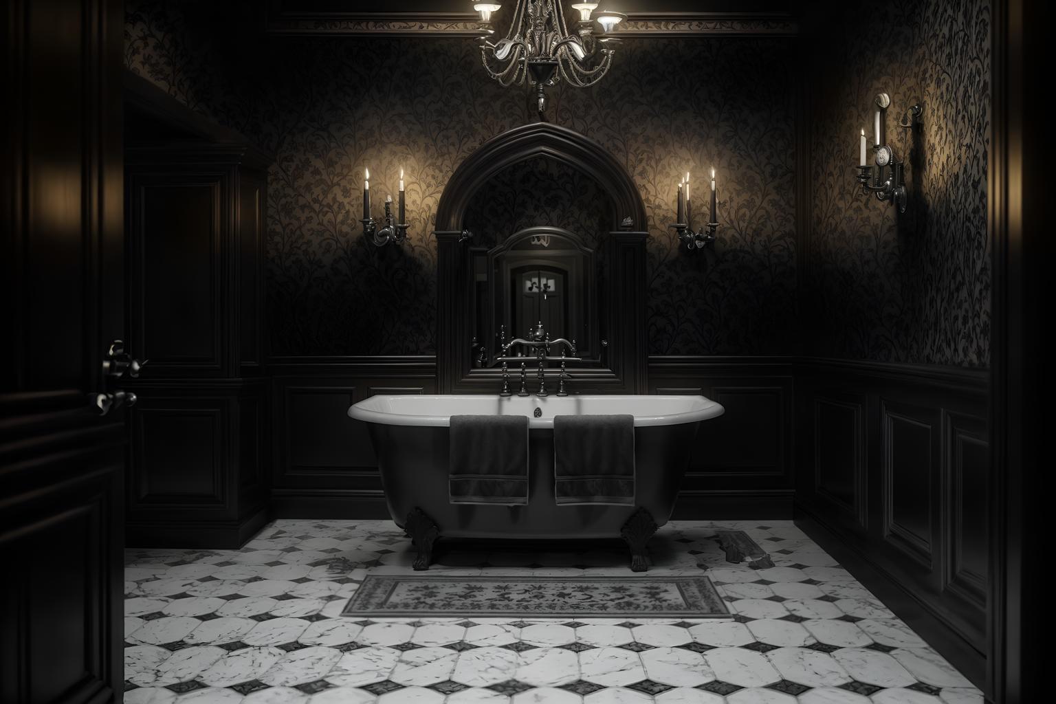 gothic-style (bathroom interior) with waste basket and bathroom sink with faucet and bathroom cabinet and mirror and plant and bath towel and toilet seat and shower. . . cinematic photo, highly detailed, cinematic lighting, ultra-detailed, ultrarealistic, photorealism, 8k. gothic interior design style. masterpiece, cinematic light, ultrarealistic+, photorealistic+, 8k, raw photo, realistic, sharp focus on eyes, (symmetrical eyes), (intact eyes), hyperrealistic, highest quality, best quality, , highly detailed, masterpiece, best quality, extremely detailed 8k wallpaper, masterpiece, best quality, ultra-detailed, best shadow, detailed background, detailed face, detailed eyes, high contrast, best illumination, detailed face, dulux, caustic, dynamic angle, detailed glow. dramatic lighting. highly detailed, insanely detailed hair, symmetrical, intricate details, professionally retouched, 8k high definition. strong bokeh. award winning photo.