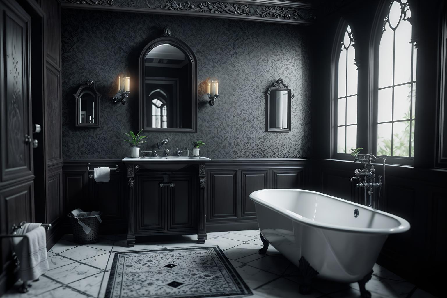 gothic-style (bathroom interior) with waste basket and bathroom sink with faucet and bathroom cabinet and mirror and plant and bath towel and toilet seat and shower. . . cinematic photo, highly detailed, cinematic lighting, ultra-detailed, ultrarealistic, photorealism, 8k. gothic interior design style. masterpiece, cinematic light, ultrarealistic+, photorealistic+, 8k, raw photo, realistic, sharp focus on eyes, (symmetrical eyes), (intact eyes), hyperrealistic, highest quality, best quality, , highly detailed, masterpiece, best quality, extremely detailed 8k wallpaper, masterpiece, best quality, ultra-detailed, best shadow, detailed background, detailed face, detailed eyes, high contrast, best illumination, detailed face, dulux, caustic, dynamic angle, detailed glow. dramatic lighting. highly detailed, insanely detailed hair, symmetrical, intricate details, professionally retouched, 8k high definition. strong bokeh. award winning photo.