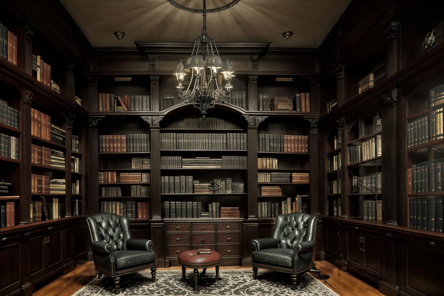 gothic-style (study room interior) with bookshelves and lounge chair and office chair and plant and desk lamp and writing desk and cabinets and bookshelves. . . cinematic photo, highly detailed, cinematic lighting, ultra-detailed, ultrarealistic, photorealism, 8k. gothic interior design style. masterpiece, cinematic light, ultrarealistic+, photorealistic+, 8k, raw photo, realistic, sharp focus on eyes, (symmetrical eyes), (intact eyes), hyperrealistic, highest quality, best quality, , highly detailed, masterpiece, best quality, extremely detailed 8k wallpaper, masterpiece, best quality, ultra-detailed, best shadow, detailed background, detailed face, detailed eyes, high contrast, best illumination, detailed face, dulux, caustic, dynamic angle, detailed glow. dramatic lighting. highly detailed, insanely detailed hair, symmetrical, intricate details, professionally retouched, 8k high definition. strong bokeh. award winning photo.