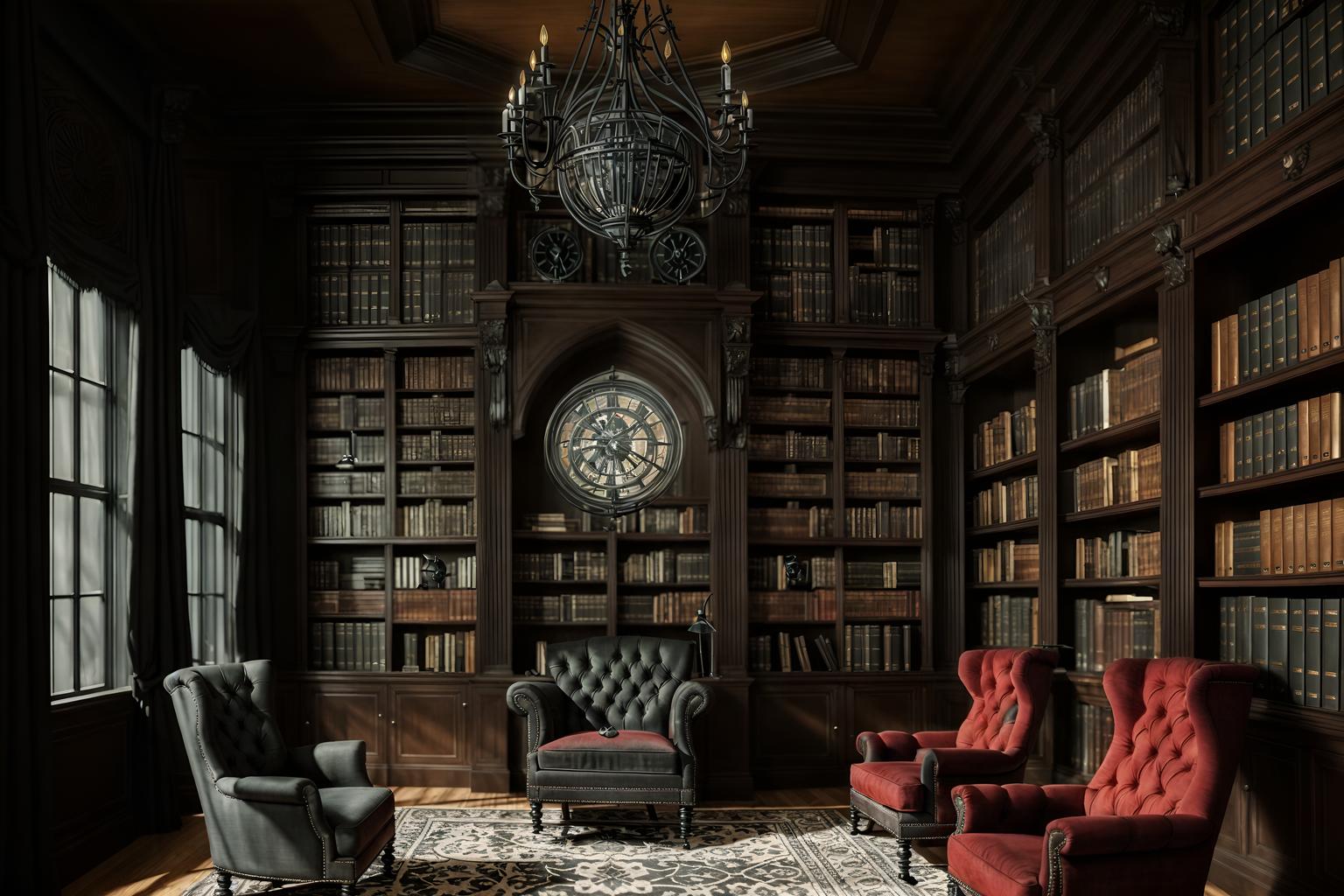 gothic-style (study room interior) with bookshelves and lounge chair and office chair and plant and desk lamp and writing desk and cabinets and bookshelves. . . cinematic photo, highly detailed, cinematic lighting, ultra-detailed, ultrarealistic, photorealism, 8k. gothic interior design style. masterpiece, cinematic light, ultrarealistic+, photorealistic+, 8k, raw photo, realistic, sharp focus on eyes, (symmetrical eyes), (intact eyes), hyperrealistic, highest quality, best quality, , highly detailed, masterpiece, best quality, extremely detailed 8k wallpaper, masterpiece, best quality, ultra-detailed, best shadow, detailed background, detailed face, detailed eyes, high contrast, best illumination, detailed face, dulux, caustic, dynamic angle, detailed glow. dramatic lighting. highly detailed, insanely detailed hair, symmetrical, intricate details, professionally retouched, 8k high definition. strong bokeh. award winning photo.
