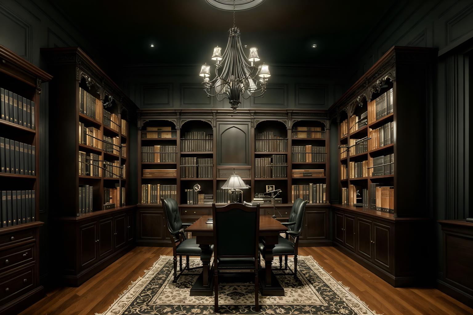 Gothic-style Study Room Interior With Bookshelves And Lounge Chair And ...