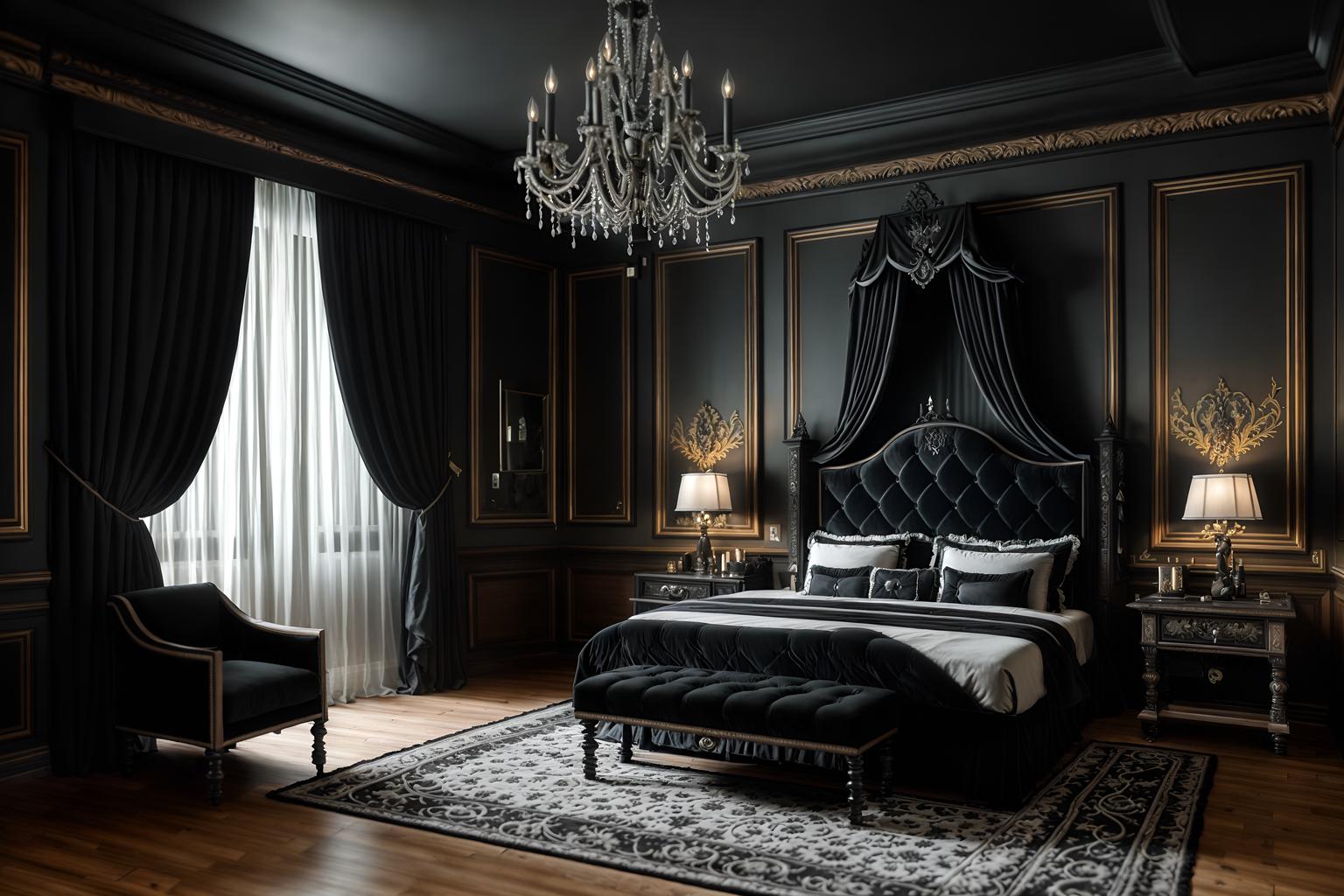 gothic-style (hotel room interior) with headboard and accent chair and bed and mirror and storage bench or ottoman and hotel bathroom and plant and bedside table or night stand. . . cinematic photo, highly detailed, cinematic lighting, ultra-detailed, ultrarealistic, photorealism, 8k. gothic interior design style. masterpiece, cinematic light, ultrarealistic+, photorealistic+, 8k, raw photo, realistic, sharp focus on eyes, (symmetrical eyes), (intact eyes), hyperrealistic, highest quality, best quality, , highly detailed, masterpiece, best quality, extremely detailed 8k wallpaper, masterpiece, best quality, ultra-detailed, best shadow, detailed background, detailed face, detailed eyes, high contrast, best illumination, detailed face, dulux, caustic, dynamic angle, detailed glow. dramatic lighting. highly detailed, insanely detailed hair, symmetrical, intricate details, professionally retouched, 8k high definition. strong bokeh. award winning photo.