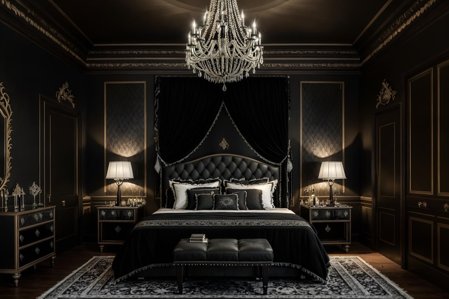 gothic-style (hotel room interior) with headboard and accent chair and bed and mirror and storage bench or ottoman and hotel bathroom and plant and bedside table or night stand. . . cinematic photo, highly detailed, cinematic lighting, ultra-detailed, ultrarealistic, photorealism, 8k. gothic interior design style. masterpiece, cinematic light, ultrarealistic+, photorealistic+, 8k, raw photo, realistic, sharp focus on eyes, (symmetrical eyes), (intact eyes), hyperrealistic, highest quality, best quality, , highly detailed, masterpiece, best quality, extremely detailed 8k wallpaper, masterpiece, best quality, ultra-detailed, best shadow, detailed background, detailed face, detailed eyes, high contrast, best illumination, detailed face, dulux, caustic, dynamic angle, detailed glow. dramatic lighting. highly detailed, insanely detailed hair, symmetrical, intricate details, professionally retouched, 8k high definition. strong bokeh. award winning photo.