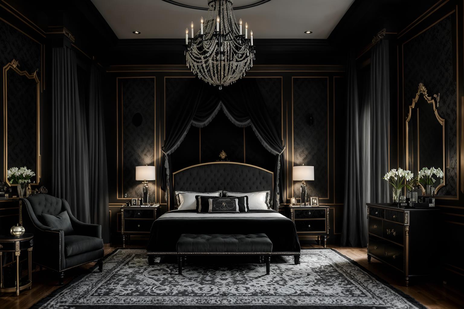 gothic-style (hotel room interior) with headboard and accent chair and bed and mirror and storage bench or ottoman and hotel bathroom and plant and bedside table or night stand. . . cinematic photo, highly detailed, cinematic lighting, ultra-detailed, ultrarealistic, photorealism, 8k. gothic interior design style. masterpiece, cinematic light, ultrarealistic+, photorealistic+, 8k, raw photo, realistic, sharp focus on eyes, (symmetrical eyes), (intact eyes), hyperrealistic, highest quality, best quality, , highly detailed, masterpiece, best quality, extremely detailed 8k wallpaper, masterpiece, best quality, ultra-detailed, best shadow, detailed background, detailed face, detailed eyes, high contrast, best illumination, detailed face, dulux, caustic, dynamic angle, detailed glow. dramatic lighting. highly detailed, insanely detailed hair, symmetrical, intricate details, professionally retouched, 8k high definition. strong bokeh. award winning photo.
