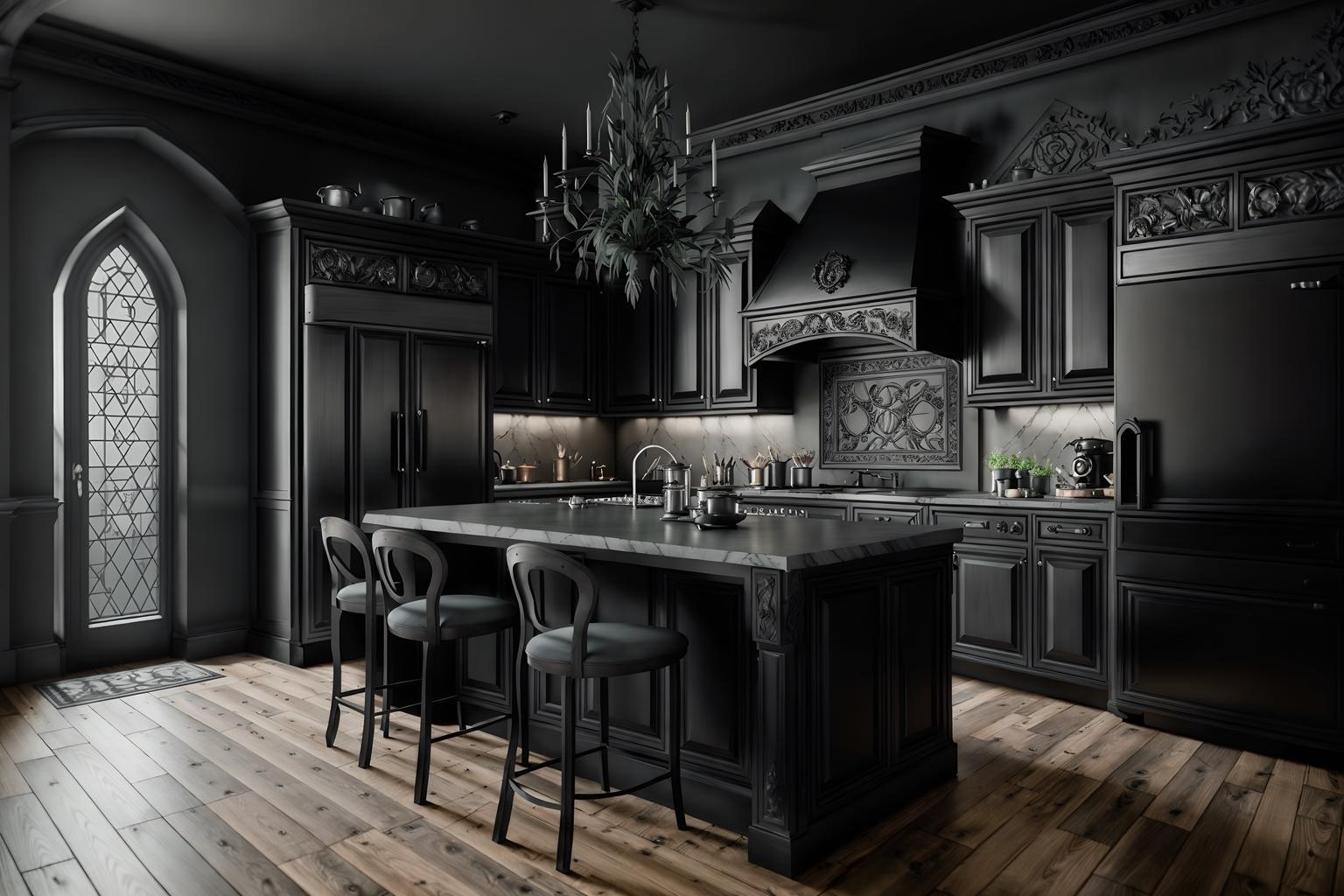 gothic-style (kitchen interior) with plant and refrigerator and sink and worktops and stove and kitchen cabinets and plant. . . cinematic photo, highly detailed, cinematic lighting, ultra-detailed, ultrarealistic, photorealism, 8k. gothic interior design style. masterpiece, cinematic light, ultrarealistic+, photorealistic+, 8k, raw photo, realistic, sharp focus on eyes, (symmetrical eyes), (intact eyes), hyperrealistic, highest quality, best quality, , highly detailed, masterpiece, best quality, extremely detailed 8k wallpaper, masterpiece, best quality, ultra-detailed, best shadow, detailed background, detailed face, detailed eyes, high contrast, best illumination, detailed face, dulux, caustic, dynamic angle, detailed glow. dramatic lighting. highly detailed, insanely detailed hair, symmetrical, intricate details, professionally retouched, 8k high definition. strong bokeh. award winning photo.