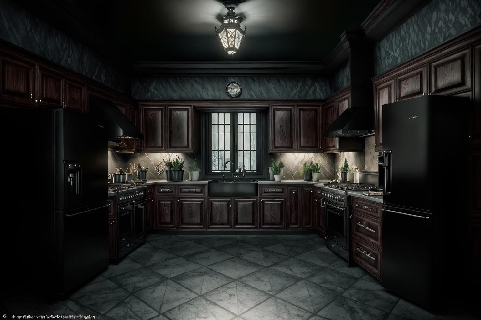 gothic-style (kitchen interior) with plant and refrigerator and sink and worktops and stove and kitchen cabinets and plant. . . cinematic photo, highly detailed, cinematic lighting, ultra-detailed, ultrarealistic, photorealism, 8k. gothic interior design style. masterpiece, cinematic light, ultrarealistic+, photorealistic+, 8k, raw photo, realistic, sharp focus on eyes, (symmetrical eyes), (intact eyes), hyperrealistic, highest quality, best quality, , highly detailed, masterpiece, best quality, extremely detailed 8k wallpaper, masterpiece, best quality, ultra-detailed, best shadow, detailed background, detailed face, detailed eyes, high contrast, best illumination, detailed face, dulux, caustic, dynamic angle, detailed glow. dramatic lighting. highly detailed, insanely detailed hair, symmetrical, intricate details, professionally retouched, 8k high definition. strong bokeh. award winning photo.