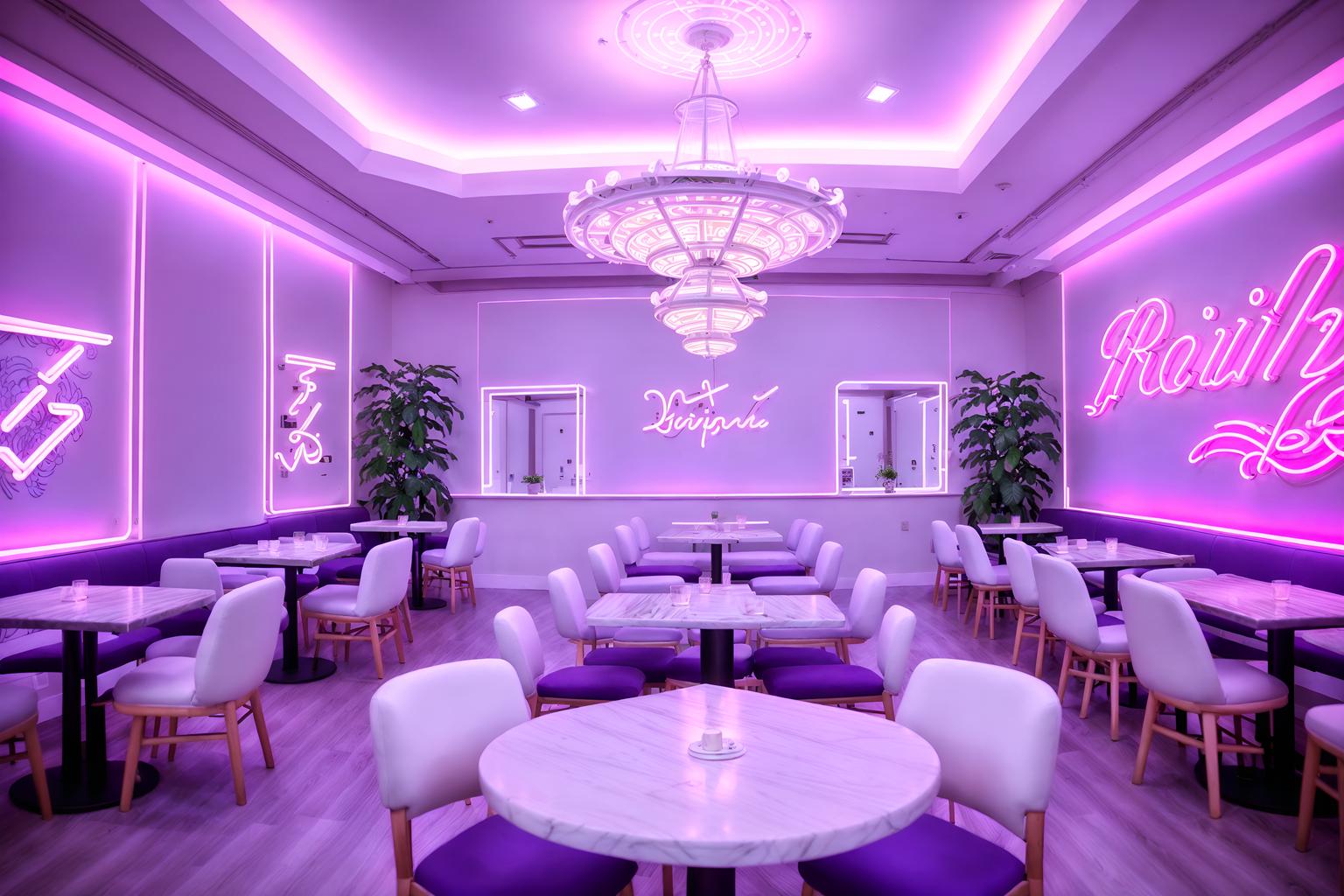 vaporwave-style (restaurant interior) with restaurant dining tables and restaurant decor and restaurant bar and restaurant chairs and restaurant dining tables. . with purple lights and japanese letters on wall and neon glow and japanese letters on wall and white roman statues, white roman sculptures, white roman columns, white roman pillars in the center of the room, and hanging plants and palm trees and purple lights. . cinematic photo, highly detailed, cinematic lighting, ultra-detailed, ultrarealistic, photorealism, 8k. vaporwave interior design style. masterpiece, cinematic light, ultrarealistic+, photorealistic+, 8k, raw photo, realistic, sharp focus on eyes, (symmetrical eyes), (intact eyes), hyperrealistic, highest quality, best quality, , highly detailed, masterpiece, best quality, extremely detailed 8k wallpaper, masterpiece, best quality, ultra-detailed, best shadow, detailed background, detailed face, detailed eyes, high contrast, best illumination, detailed face, dulux, caustic, dynamic angle, detailed glow. dramatic lighting. highly detailed, insanely detailed hair, symmetrical, intricate details, professionally retouched, 8k high definition. strong bokeh. award winning photo.