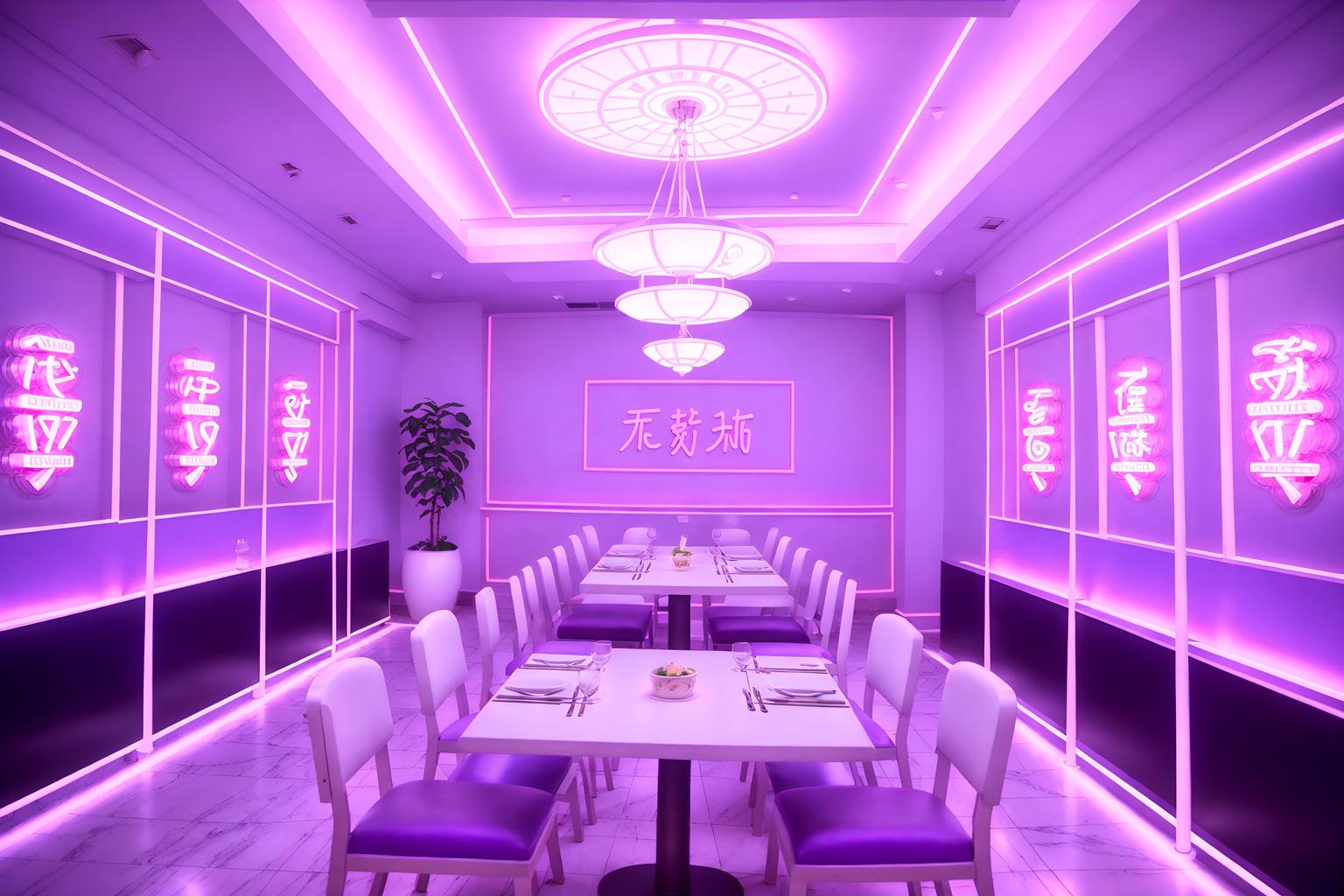 vaporwave-style (restaurant interior) with restaurant dining tables and restaurant decor and restaurant bar and restaurant chairs and restaurant dining tables. . with purple lights and japanese letters on wall and neon glow and japanese letters on wall and white roman statues, white roman sculptures, white roman columns, white roman pillars in the center of the room, and hanging plants and palm trees and purple lights. . cinematic photo, highly detailed, cinematic lighting, ultra-detailed, ultrarealistic, photorealism, 8k. vaporwave interior design style. masterpiece, cinematic light, ultrarealistic+, photorealistic+, 8k, raw photo, realistic, sharp focus on eyes, (symmetrical eyes), (intact eyes), hyperrealistic, highest quality, best quality, , highly detailed, masterpiece, best quality, extremely detailed 8k wallpaper, masterpiece, best quality, ultra-detailed, best shadow, detailed background, detailed face, detailed eyes, high contrast, best illumination, detailed face, dulux, caustic, dynamic angle, detailed glow. dramatic lighting. highly detailed, insanely detailed hair, symmetrical, intricate details, professionally retouched, 8k high definition. strong bokeh. award winning photo.