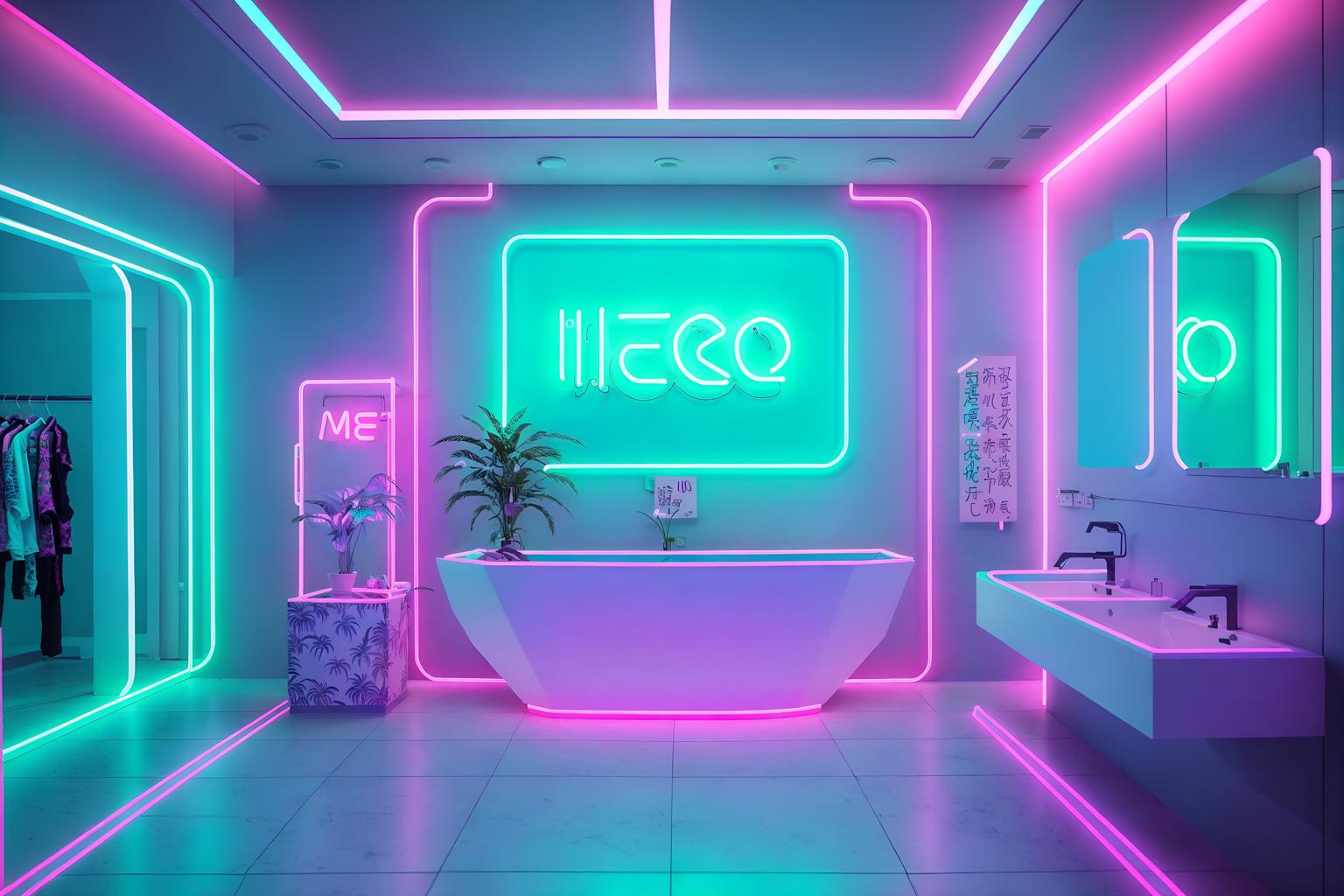 vaporwave-style (clothing store interior) . with neon glow and japanese letters on wall and baby blue and neon glow and palm trees and purple lights and teal colors and white square bathroom tiles. . cinematic photo, highly detailed, cinematic lighting, ultra-detailed, ultrarealistic, photorealism, 8k. vaporwave interior design style. masterpiece, cinematic light, ultrarealistic+, photorealistic+, 8k, raw photo, realistic, sharp focus on eyes, (symmetrical eyes), (intact eyes), hyperrealistic, highest quality, best quality, , highly detailed, masterpiece, best quality, extremely detailed 8k wallpaper, masterpiece, best quality, ultra-detailed, best shadow, detailed background, detailed face, detailed eyes, high contrast, best illumination, detailed face, dulux, caustic, dynamic angle, detailed glow. dramatic lighting. highly detailed, insanely detailed hair, symmetrical, intricate details, professionally retouched, 8k high definition. strong bokeh. award winning photo.