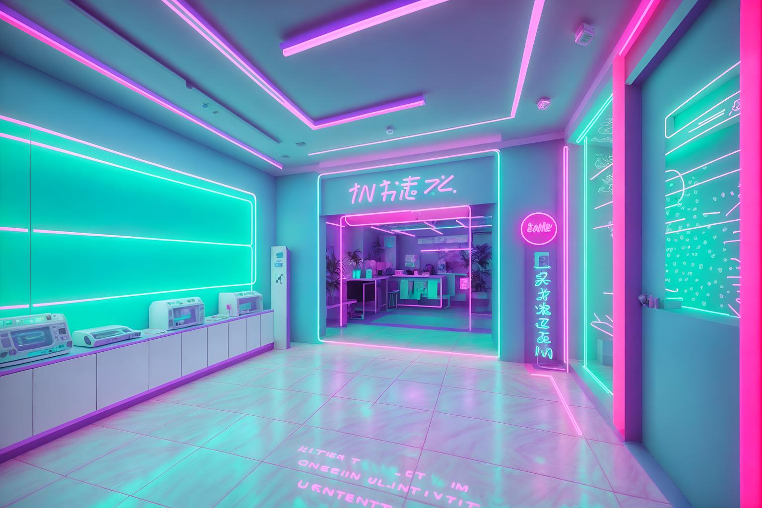 vaporwave-style (clothing store interior) . with neon glow and japanese letters on wall and baby blue and neon glow and palm trees and purple lights and teal colors and white square bathroom tiles. . cinematic photo, highly detailed, cinematic lighting, ultra-detailed, ultrarealistic, photorealism, 8k. vaporwave interior design style. masterpiece, cinematic light, ultrarealistic+, photorealistic+, 8k, raw photo, realistic, sharp focus on eyes, (symmetrical eyes), (intact eyes), hyperrealistic, highest quality, best quality, , highly detailed, masterpiece, best quality, extremely detailed 8k wallpaper, masterpiece, best quality, ultra-detailed, best shadow, detailed background, detailed face, detailed eyes, high contrast, best illumination, detailed face, dulux, caustic, dynamic angle, detailed glow. dramatic lighting. highly detailed, insanely detailed hair, symmetrical, intricate details, professionally retouched, 8k high definition. strong bokeh. award winning photo.