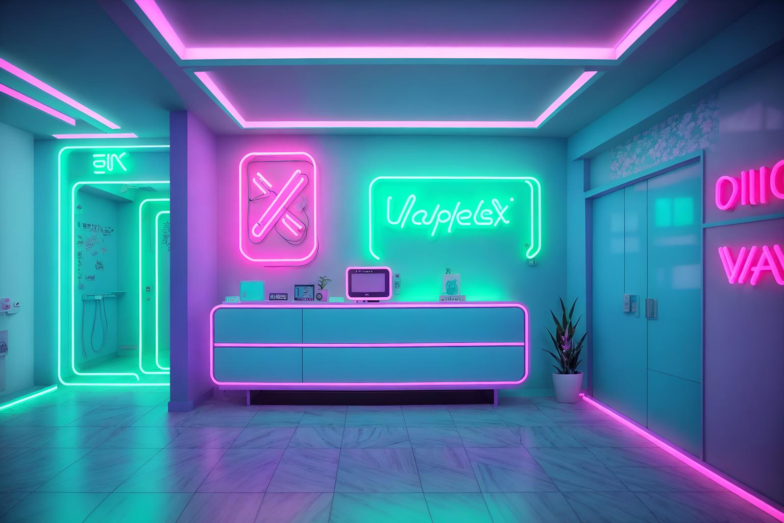 vaporwave-style (clothing store interior) . with neon glow and japanese letters on wall and baby blue and neon glow and palm trees and purple lights and teal colors and white square bathroom tiles. . cinematic photo, highly detailed, cinematic lighting, ultra-detailed, ultrarealistic, photorealism, 8k. vaporwave interior design style. masterpiece, cinematic light, ultrarealistic+, photorealistic+, 8k, raw photo, realistic, sharp focus on eyes, (symmetrical eyes), (intact eyes), hyperrealistic, highest quality, best quality, , highly detailed, masterpiece, best quality, extremely detailed 8k wallpaper, masterpiece, best quality, ultra-detailed, best shadow, detailed background, detailed face, detailed eyes, high contrast, best illumination, detailed face, dulux, caustic, dynamic angle, detailed glow. dramatic lighting. highly detailed, insanely detailed hair, symmetrical, intricate details, professionally retouched, 8k high definition. strong bokeh. award winning photo.