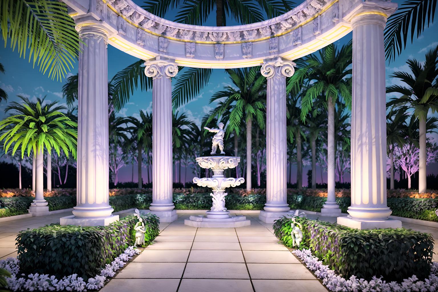 vaporwave-style designed (outdoor garden ) with garden tree and garden plants and grass and garden tree. . with purple lights and palm trees and purple lights and white roman statues, white roman sculptures, white roman columns, white roman pillars in the center of the room, and neon glow and baby blue and bright pink and white square bathroom tiles. . cinematic photo, highly detailed, cinematic lighting, ultra-detailed, ultrarealistic, photorealism, 8k. vaporwave design style. masterpiece, cinematic light, ultrarealistic+, photorealistic+, 8k, raw photo, realistic, sharp focus on eyes, (symmetrical eyes), (intact eyes), hyperrealistic, highest quality, best quality, , highly detailed, masterpiece, best quality, extremely detailed 8k wallpaper, masterpiece, best quality, ultra-detailed, best shadow, detailed background, detailed face, detailed eyes, high contrast, best illumination, detailed face, dulux, caustic, dynamic angle, detailed glow. dramatic lighting. highly detailed, insanely detailed hair, symmetrical, intricate details, professionally retouched, 8k high definition. strong bokeh. award winning photo.