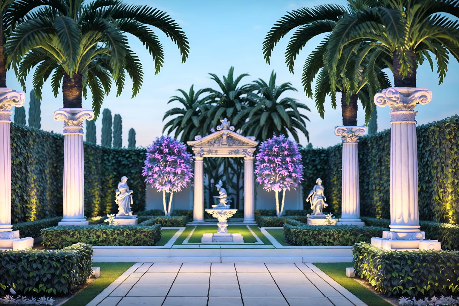 vaporwave-style designed (outdoor garden ) with garden tree and garden plants and grass and garden tree. . with purple lights and palm trees and purple lights and white roman statues, white roman sculptures, white roman columns, white roman pillars in the center of the room, and neon glow and baby blue and bright pink and white square bathroom tiles. . cinematic photo, highly detailed, cinematic lighting, ultra-detailed, ultrarealistic, photorealism, 8k. vaporwave design style. masterpiece, cinematic light, ultrarealistic+, photorealistic+, 8k, raw photo, realistic, sharp focus on eyes, (symmetrical eyes), (intact eyes), hyperrealistic, highest quality, best quality, , highly detailed, masterpiece, best quality, extremely detailed 8k wallpaper, masterpiece, best quality, ultra-detailed, best shadow, detailed background, detailed face, detailed eyes, high contrast, best illumination, detailed face, dulux, caustic, dynamic angle, detailed glow. dramatic lighting. highly detailed, insanely detailed hair, symmetrical, intricate details, professionally retouched, 8k high definition. strong bokeh. award winning photo.