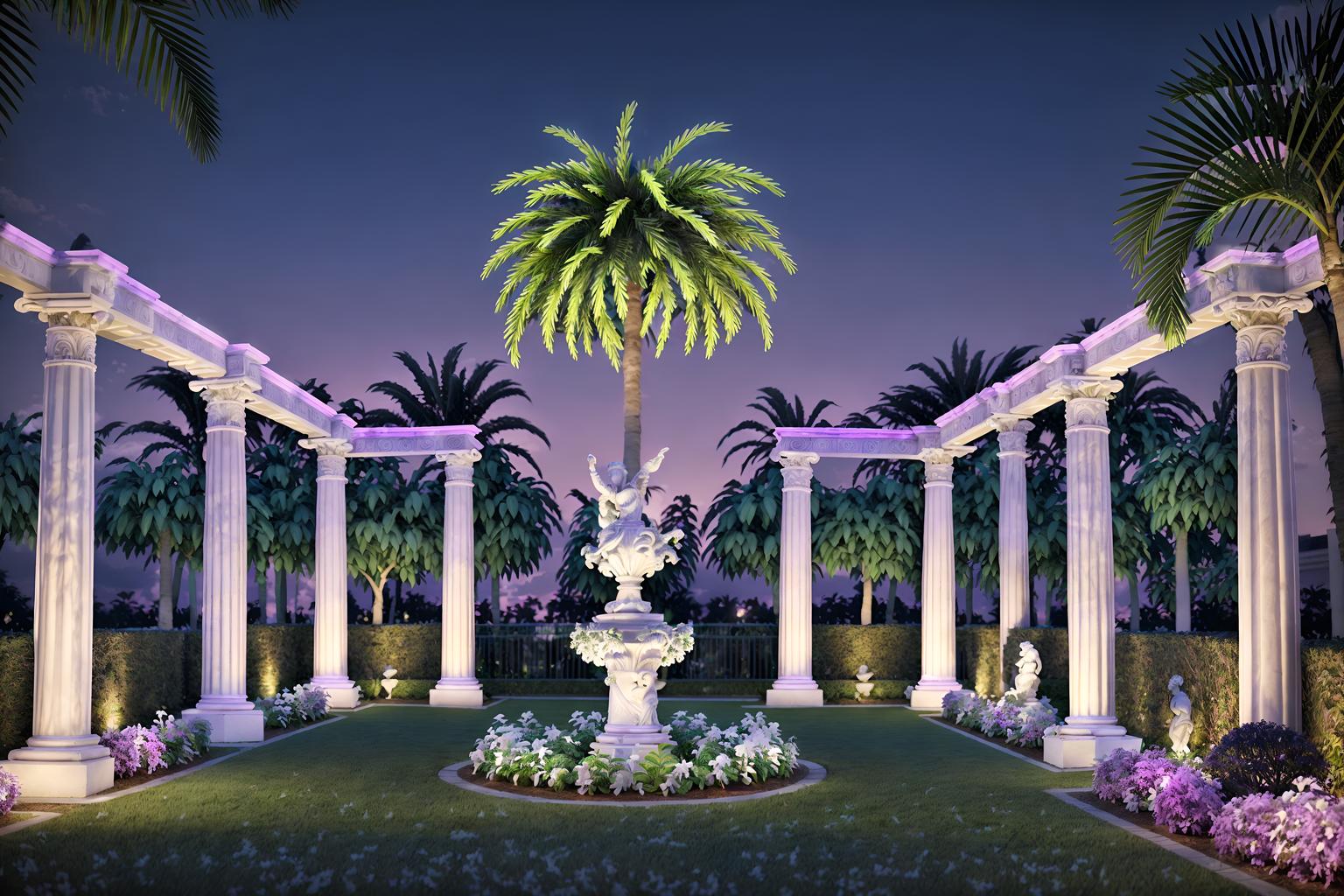 vaporwave-style designed (outdoor garden ) with garden tree and garden plants and grass and garden tree. . with purple lights and palm trees and purple lights and white roman statues, white roman sculptures, white roman columns, white roman pillars in the center of the room, and neon glow and baby blue and bright pink and white square bathroom tiles. . cinematic photo, highly detailed, cinematic lighting, ultra-detailed, ultrarealistic, photorealism, 8k. vaporwave design style. masterpiece, cinematic light, ultrarealistic+, photorealistic+, 8k, raw photo, realistic, sharp focus on eyes, (symmetrical eyes), (intact eyes), hyperrealistic, highest quality, best quality, , highly detailed, masterpiece, best quality, extremely detailed 8k wallpaper, masterpiece, best quality, ultra-detailed, best shadow, detailed background, detailed face, detailed eyes, high contrast, best illumination, detailed face, dulux, caustic, dynamic angle, detailed glow. dramatic lighting. highly detailed, insanely detailed hair, symmetrical, intricate details, professionally retouched, 8k high definition. strong bokeh. award winning photo.