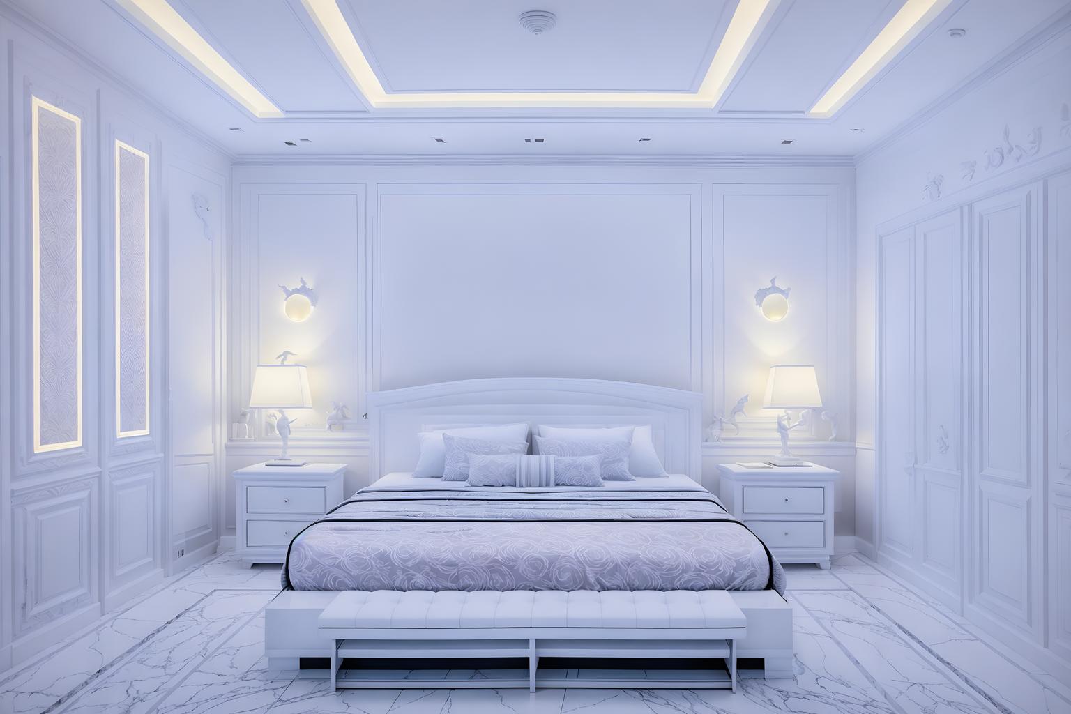 vaporwave-style (bedroom interior) with storage bench or ottoman and dresser closet and mirror and bedside table or night stand and bed and headboard and night light and plant. . with white square bathroom tiles and white square bathroom tiles and neon glow and white roman statues, white roman sculptures, white roman columns, white roman pillars in the center of the room, and purple lights and white square bathroom tiles and hanging plants and teal colors. . cinematic photo, highly detailed, cinematic lighting, ultra-detailed, ultrarealistic, photorealism, 8k. vaporwave interior design style. masterpiece, cinematic light, ultrarealistic+, photorealistic+, 8k, raw photo, realistic, sharp focus on eyes, (symmetrical eyes), (intact eyes), hyperrealistic, highest quality, best quality, , highly detailed, masterpiece, best quality, extremely detailed 8k wallpaper, masterpiece, best quality, ultra-detailed, best shadow, detailed background, detailed face, detailed eyes, high contrast, best illumination, detailed face, dulux, caustic, dynamic angle, detailed glow. dramatic lighting. highly detailed, insanely detailed hair, symmetrical, intricate details, professionally retouched, 8k high definition. strong bokeh. award winning photo.