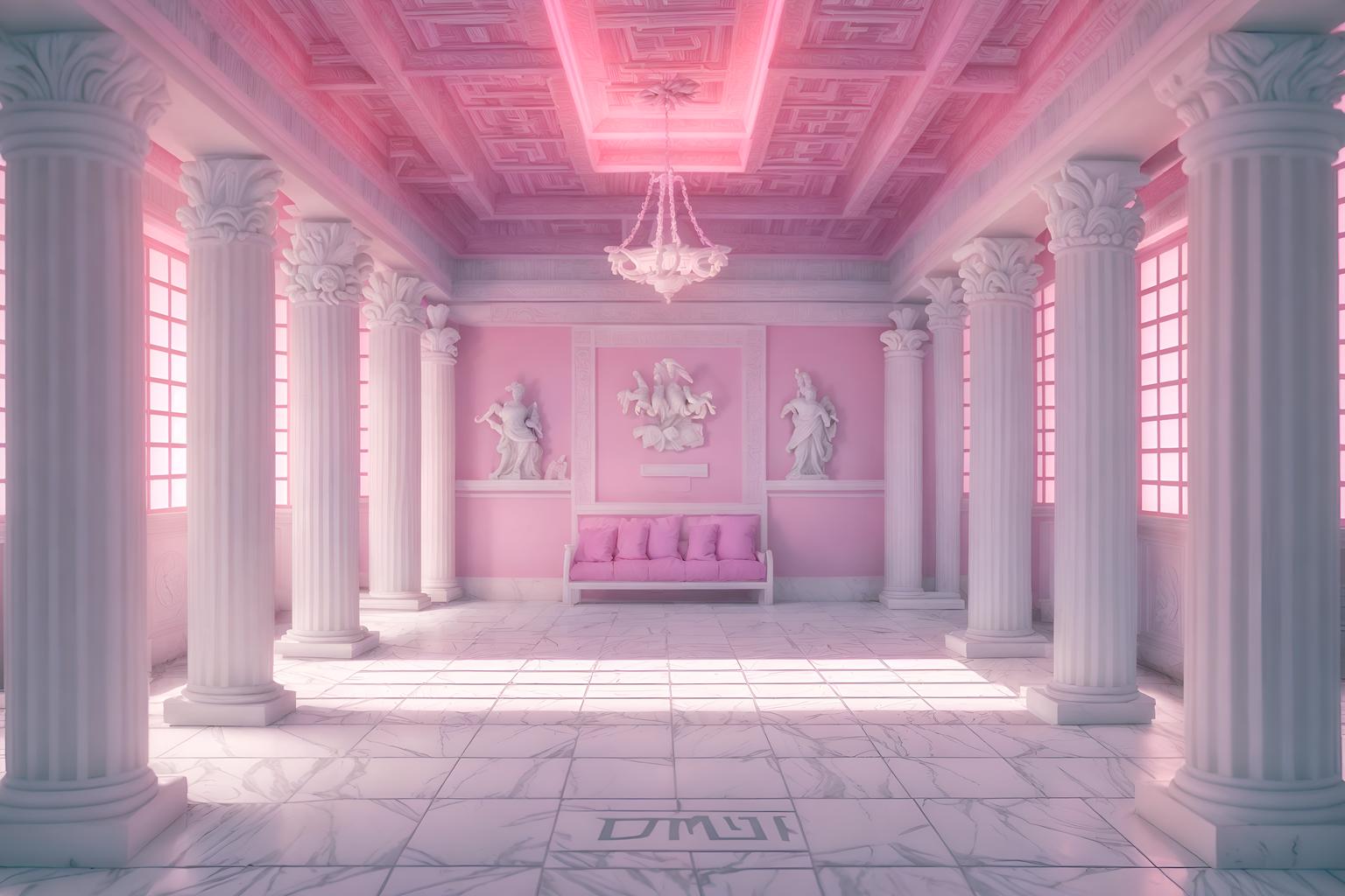 vaporwave-style (attic interior) . with palm trees and white roman statues, white roman sculptures, white roman columns, white roman pillars in the center of the room, and japanese letters on wall and japanese letters on wall and bright pink and palm trees and white square bathroom tiles and purple lights. . cinematic photo, highly detailed, cinematic lighting, ultra-detailed, ultrarealistic, photorealism, 8k. vaporwave interior design style. masterpiece, cinematic light, ultrarealistic+, photorealistic+, 8k, raw photo, realistic, sharp focus on eyes, (symmetrical eyes), (intact eyes), hyperrealistic, highest quality, best quality, , highly detailed, masterpiece, best quality, extremely detailed 8k wallpaper, masterpiece, best quality, ultra-detailed, best shadow, detailed background, detailed face, detailed eyes, high contrast, best illumination, detailed face, dulux, caustic, dynamic angle, detailed glow. dramatic lighting. highly detailed, insanely detailed hair, symmetrical, intricate details, professionally retouched, 8k high definition. strong bokeh. award winning photo.