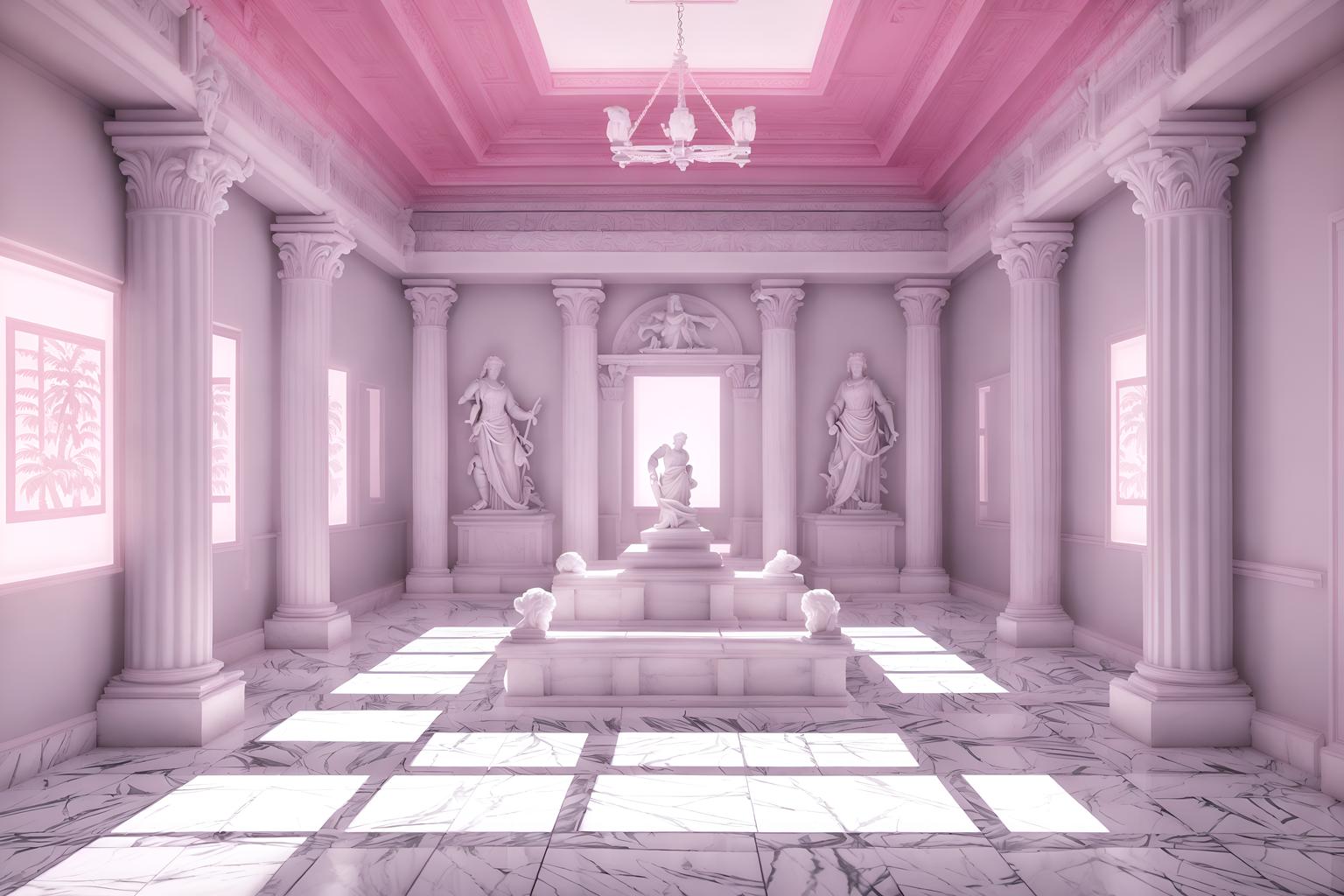 vaporwave-style (attic interior) . with palm trees and white roman statues, white roman sculptures, white roman columns, white roman pillars in the center of the room, and japanese letters on wall and japanese letters on wall and bright pink and palm trees and white square bathroom tiles and purple lights. . cinematic photo, highly detailed, cinematic lighting, ultra-detailed, ultrarealistic, photorealism, 8k. vaporwave interior design style. masterpiece, cinematic light, ultrarealistic+, photorealistic+, 8k, raw photo, realistic, sharp focus on eyes, (symmetrical eyes), (intact eyes), hyperrealistic, highest quality, best quality, , highly detailed, masterpiece, best quality, extremely detailed 8k wallpaper, masterpiece, best quality, ultra-detailed, best shadow, detailed background, detailed face, detailed eyes, high contrast, best illumination, detailed face, dulux, caustic, dynamic angle, detailed glow. dramatic lighting. highly detailed, insanely detailed hair, symmetrical, intricate details, professionally retouched, 8k high definition. strong bokeh. award winning photo.